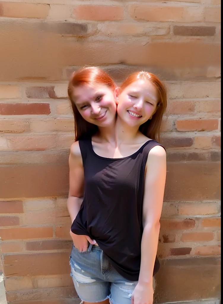 2heads, two headed girl, (mom and daughter:1.5), (one torso:1.5), (female:1.5), (redhead:1.4), (teenager:1.4), (caucasian:1.5), (two heads on one body:1.4), conjoined twins, heads side by side, one torso, young, uncomfortable, barefoot