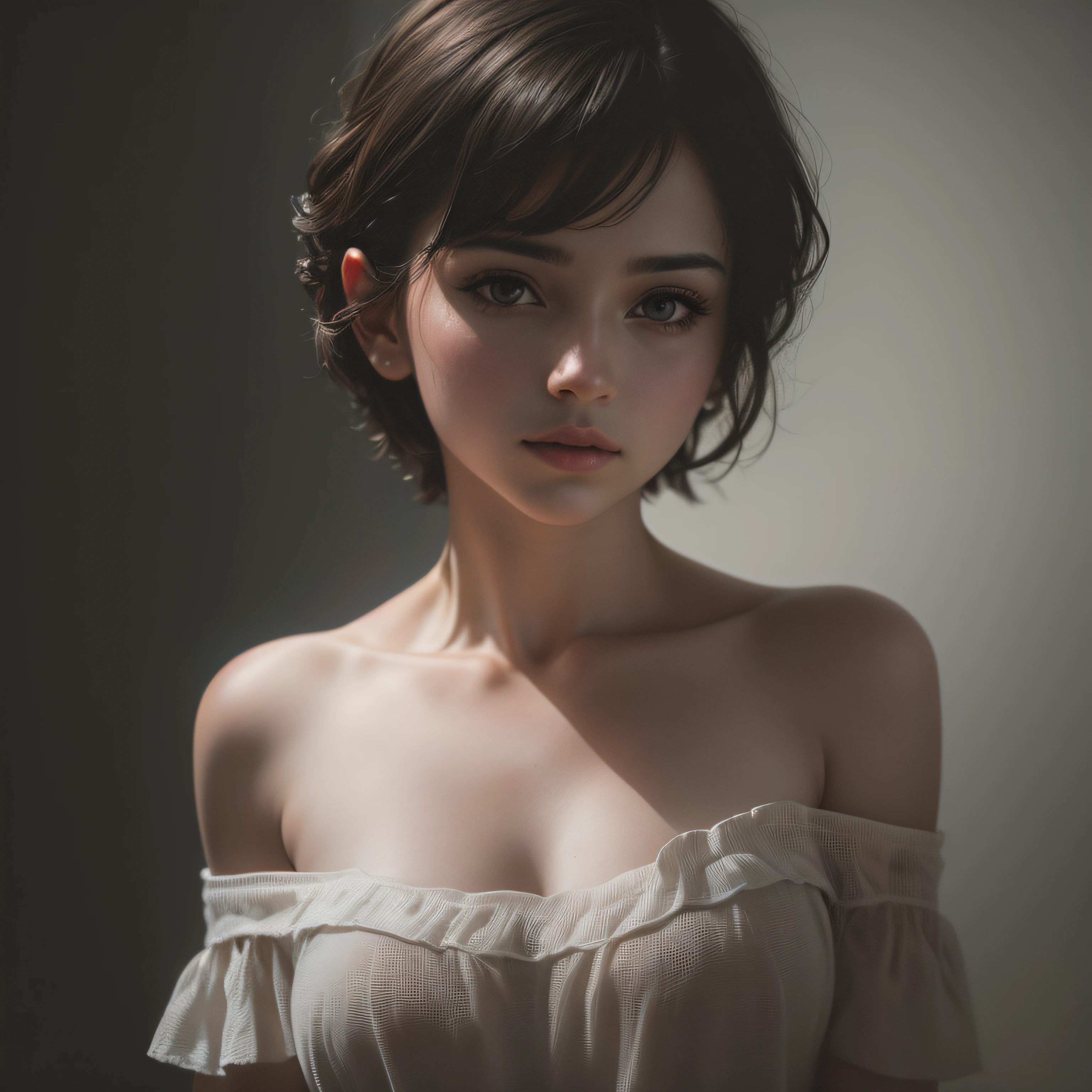 Best quality, masterpiece, ultra high res, (photorealistic:1.5), raw photo, 1girl, offshoulder, in the dark, deep shadow, low key, cold light, sexy look, short hair