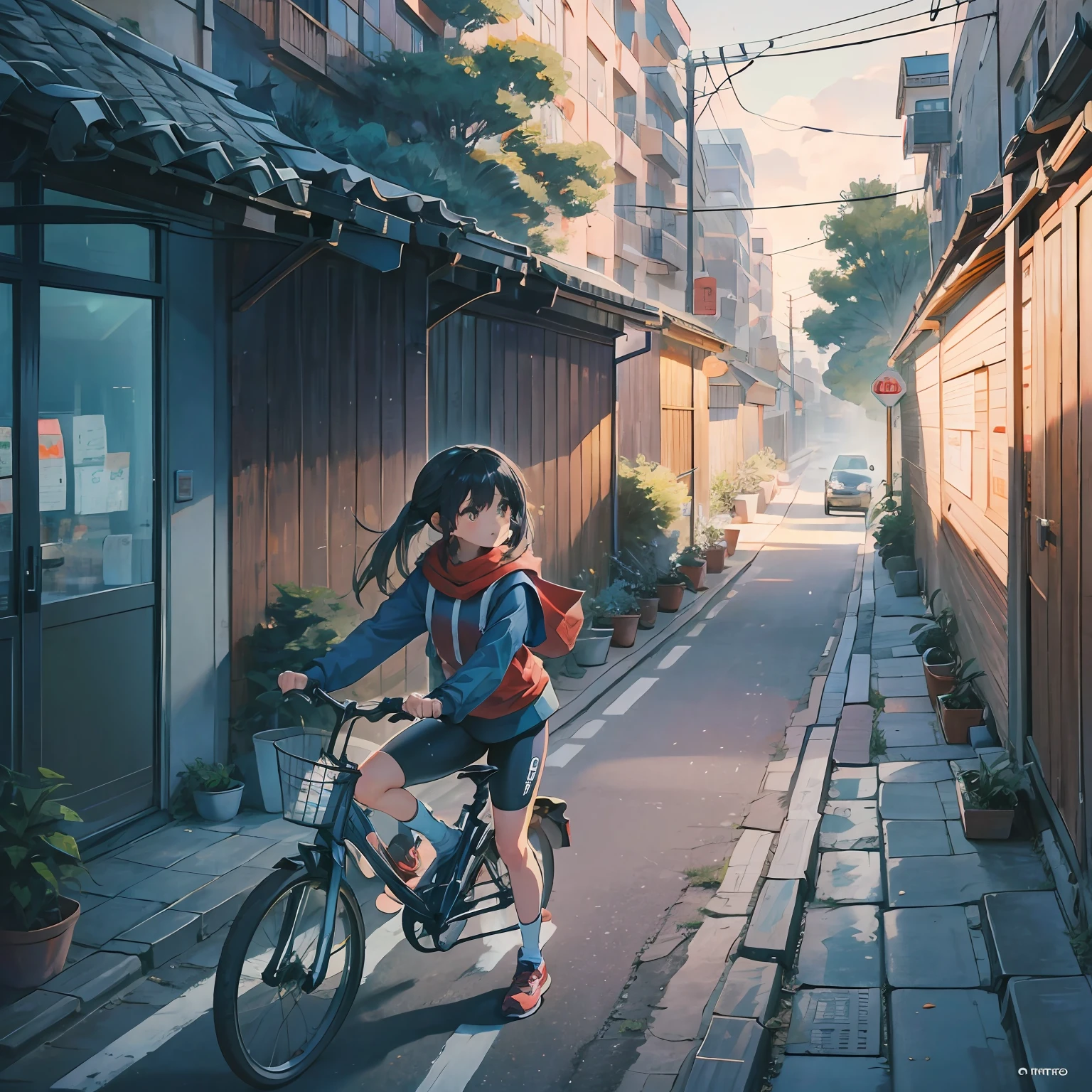 1girl in、illustratio、bicycle、early evening、concrete、Wagas --auto