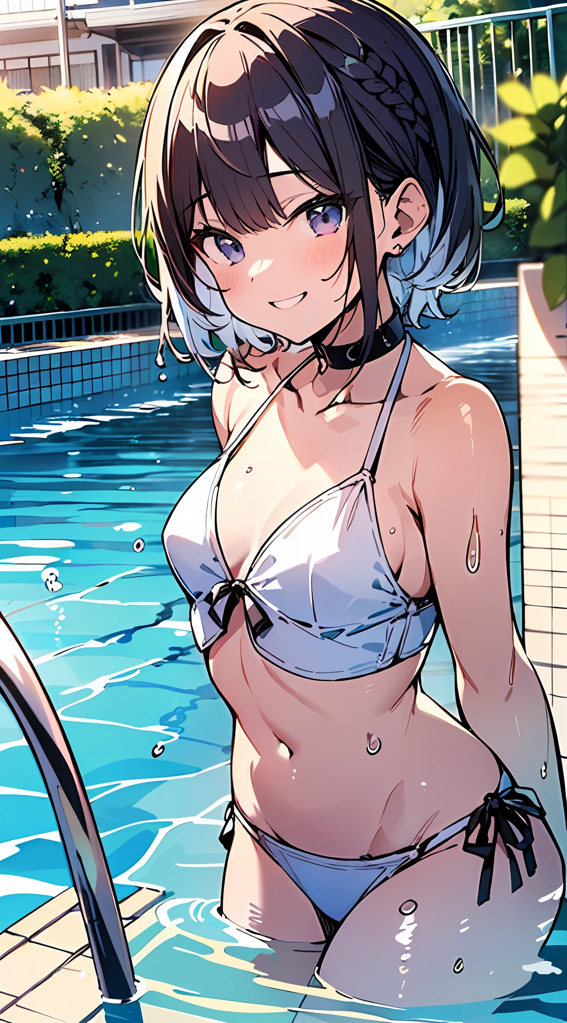 (Incredibly ridiculous absolute resolution:1.5)、hiquality、top-quality、masuter piece、Anime girl in white bikini, A sexy、Smiling:1.3、Shy laughter、Anime Loli, 8k Manga Wallpapers, ((small curvy loli))、  pretty anime girl,((swimming pools))、(Medium short hair)、(short braided hair)