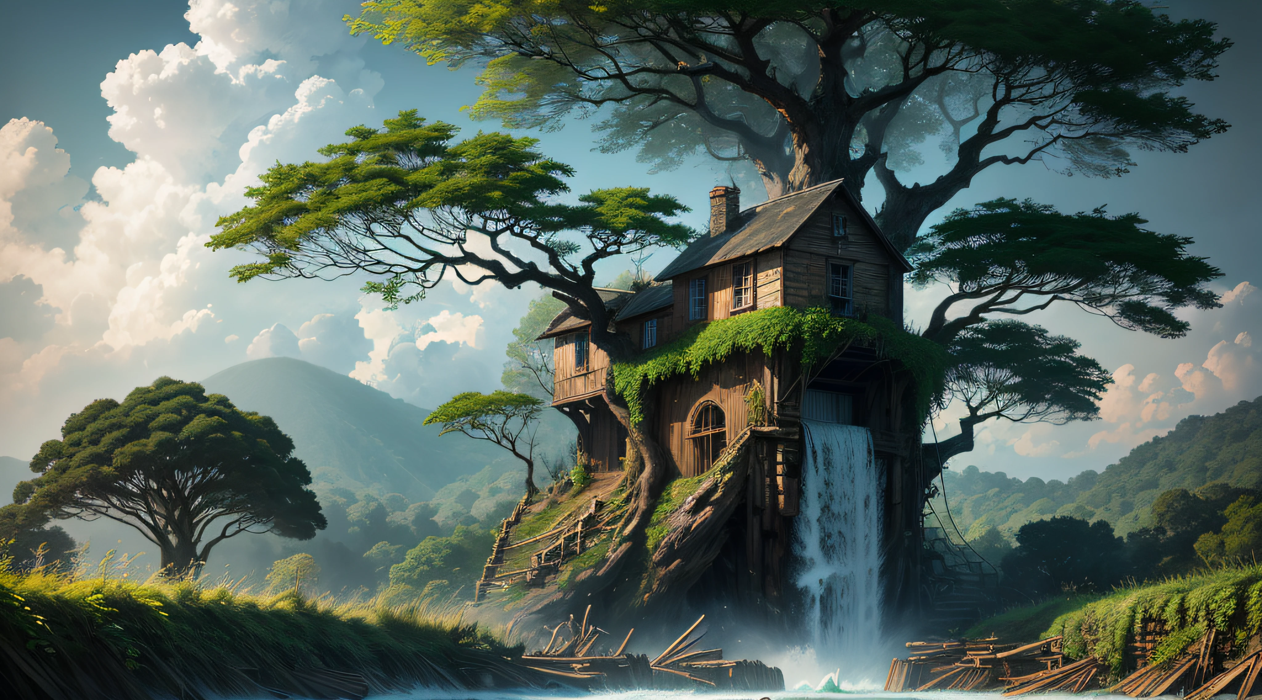 Gigantic colorful trees with many vines, palmeiras, coqueiro, fallen logs, a watermill with a waterwheel, moinho de vento, numa cachoeira exuberante, rio com grandes rochas hiper realista, sky with clouds, sol, lua, global ilumination, profundidade de campo,
