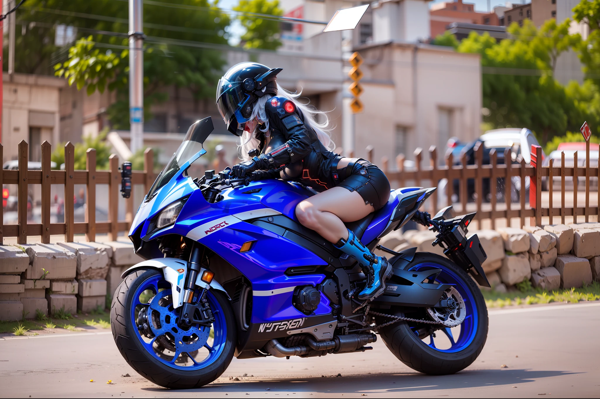 Cute cyberpunk warrior woman，long  white hair，Black mech costume，Sophisticated black tech helmet，Nousr， Biomechanicals， MSHN Robot Man，High-tech helmet，hyper realisitc， Steel， Complex design， insanely details， finely detailled， Extremely clear lines， cinmatic lighting， photograph realistic， A detailed masterpiece