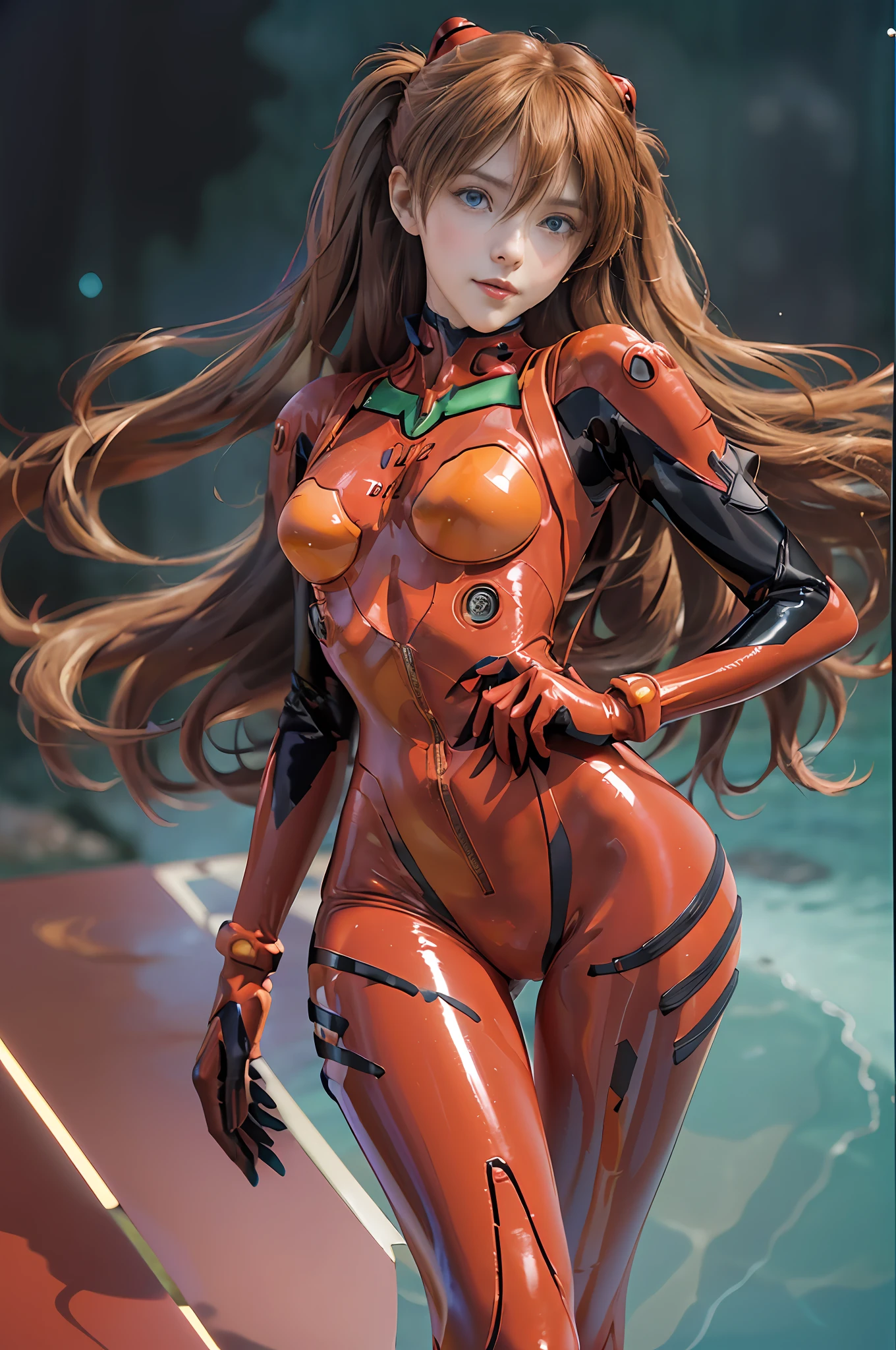 Masterpiece,8k,3D,((Full body),(Realistic),Photography,Best Quality,Official Art,(((Female NSFW1.1))),(Crossed arms:1.0,Stand,Open legs:1.0),(Perfect proportions: 1.1),(From bottom:1.2),Dynamic angle, ((Souryu Aska Langley,Souryu Aska Langley Plug suit 02:1.5), 20 years old, vivid coloring: 1.6, (face and eye details: 1.2), detailed face, detailed lips, detailed eyes, double eyelids, (beautiful face, beautiful eyes, blue eyes: 1.5)), wet eyes, thin sharp pale eyebrows, long eyelashes, long lower eyelashes, (((seductive smile)), (delicate and beautiful fingers)), (tall, small face), thin and muscular, (high-leg swimsuit : 1.3), (see-through), bodysuit shining in mirrors, crimson shiny rubber suit, translucent shiny red tight suit, glossy metallic details, shiny red holographic leather, red tight gloves, pointed chest: 1.2,(big ocean:1.3, water,harbor,sunlight:1.2, Detailed Background, Daylight), (black tight latex shiny on the inside of the arms)), (black connection under the chest in a precise circle: 1.5)), The black connecting part of the shoulder is a circle), two simple thick black latex rays from the thighs to the buttocks, the green part of the shoulder blades, the small logo pattern on the chest is 02, Long legs, thin waist, thin skin, self-righteous, arrogant, blush, (shy)), very delicate and beautiful girl, movie lighting, dynamic pose, model pose, beautiful light brown hair, twin tails, movie lighting: 1, DSLR, Fujifilm XT3, Sharp Focus: 1.2, Maximum Clarity and Sharpness, Multi-layer textures, albedo and specular maps, surface shading, accurate simulation of light-matter interactions,