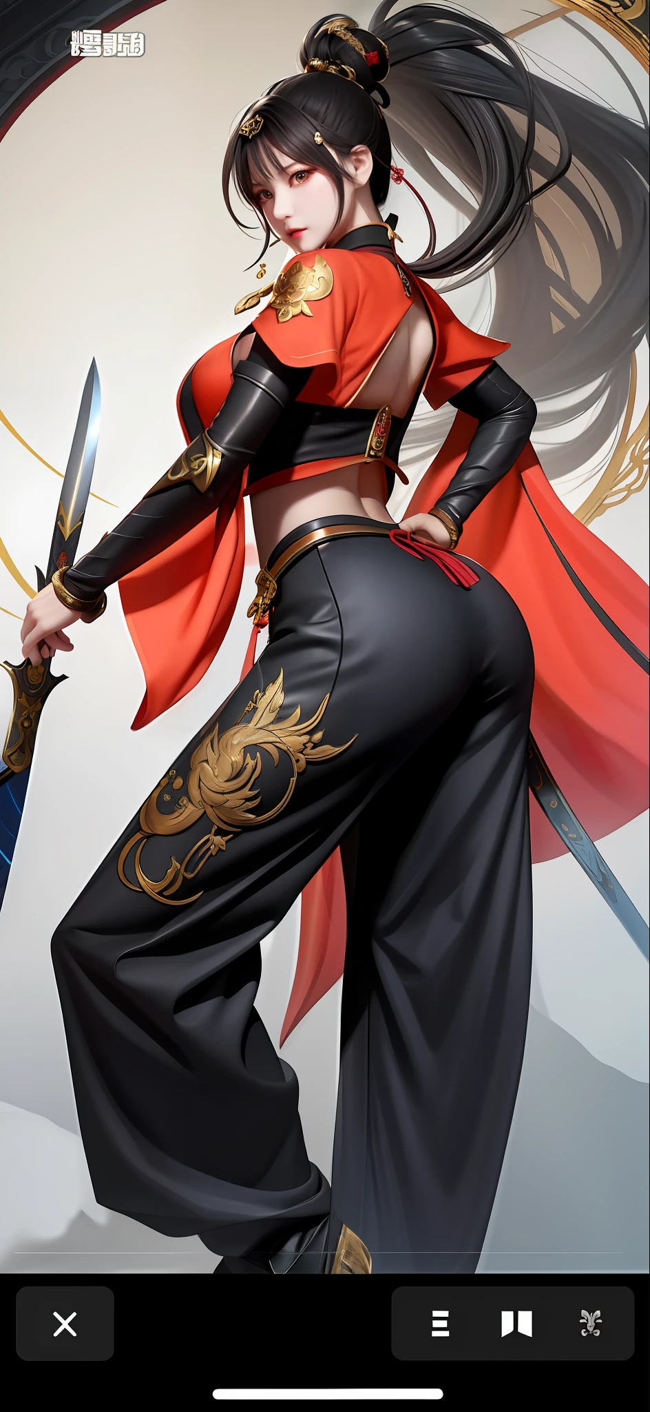 high-definition picture quality，high high quality，Exquisite in every detail，Dressed in red and black，Arad woman with sword, inspired by Park Hua, by Yang J, Incredibly sharp details, fiora from league of legends, gilded black uniform, Keqing from Genshin Impact, Gorgeous Role Play, zhongli from genshin impact, inspired by Du Qiong, full-body wuxia, Extremely detailed Artgerm，