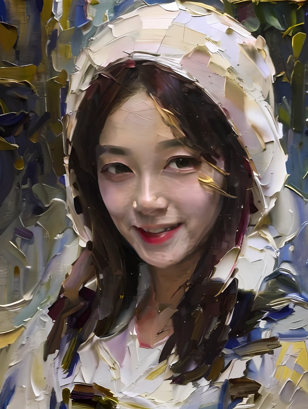 masterpiece, best quality, ultra detail, Depth-Of-Field, ultra high res, sharp focus, photorealistic, RAW photo,
1 girl, exquisitely detailed skin, (smile:0.6), Bright maroon winter coat, wool hat, fechin, (oil painting:1.2), wood house,
cinematic light, rim lighting, deep shadow,(( pallet knife effects)),((realistic face,smiling, pretty))
