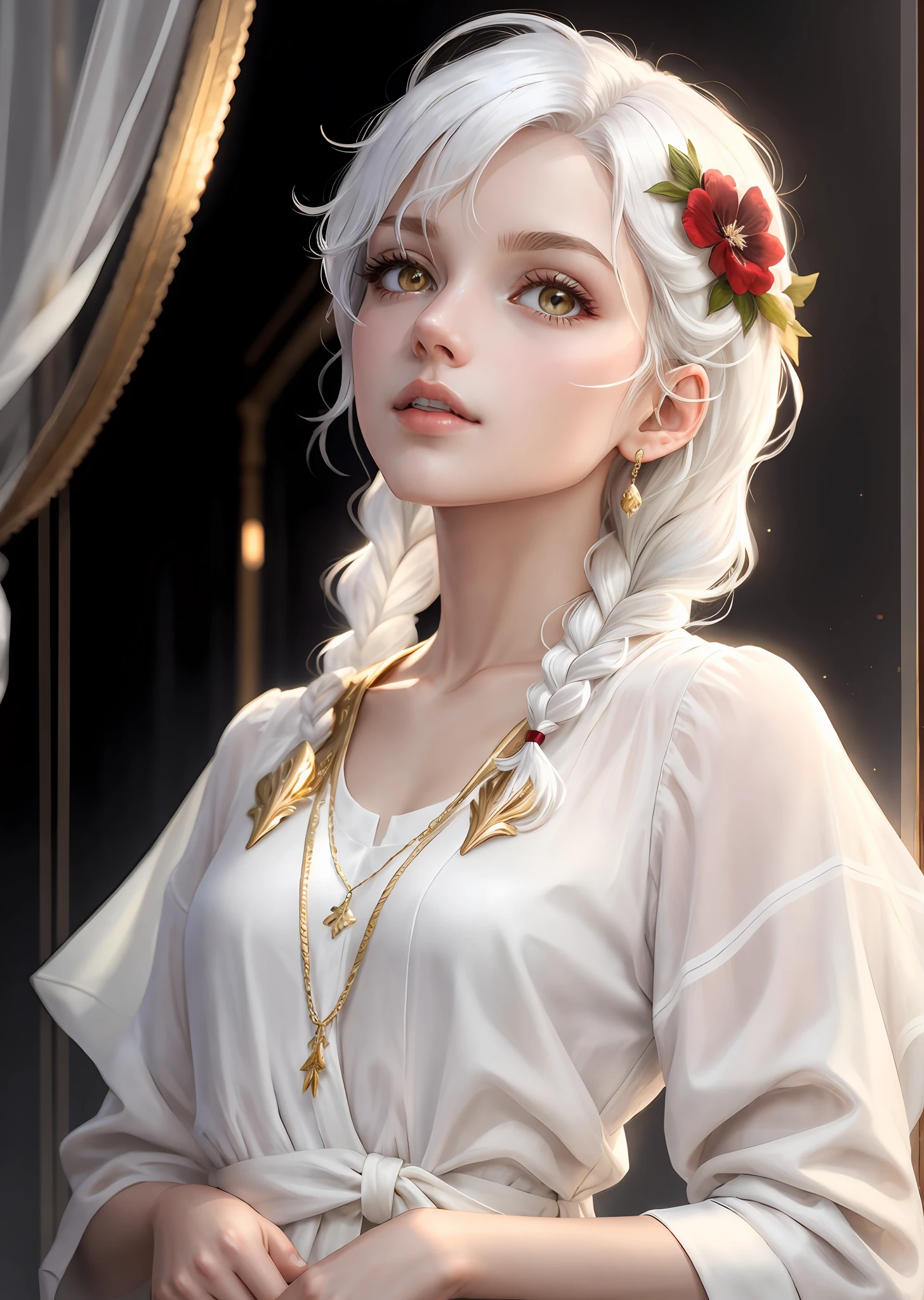 best quality, masterpiece,white hair, gold eyes,white clothes, looking up, upper body,hair strand,Fair skin,side braids
