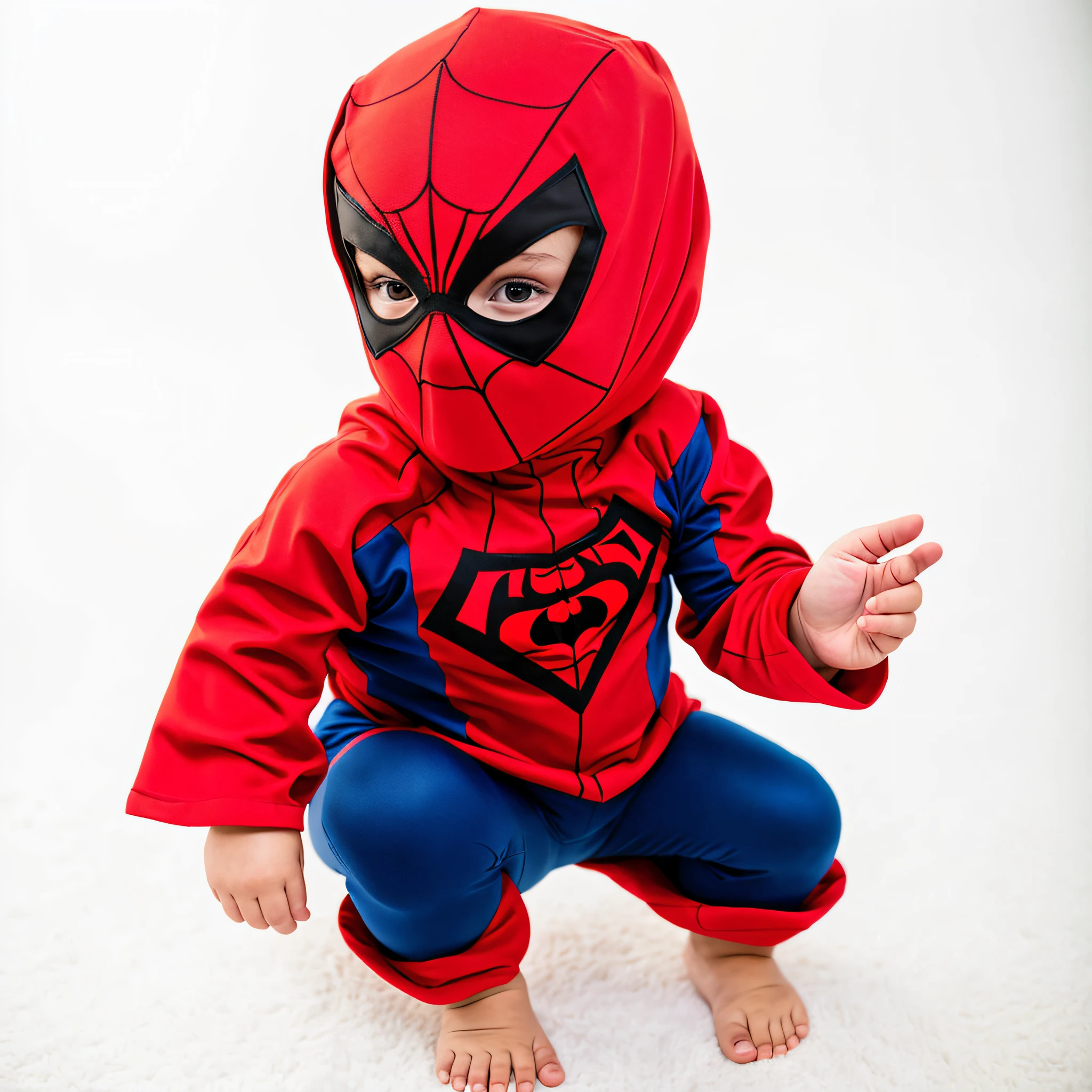 A closeup of a baby wearing a Spider-Man costume, super hero costume, Traje de alta qualidade, Spiderman!!, wearing hero costume, Spiderman, marvel superhero, super hero, fantasia, Estilo Marvel, Homem-Aranha, aranha - homem, uma aranha fofa, super adorable, Personagem da Marvel, menino bonito, Trajes da Marvel, wearing red and yellow hero suit, Traje do Superman --auto