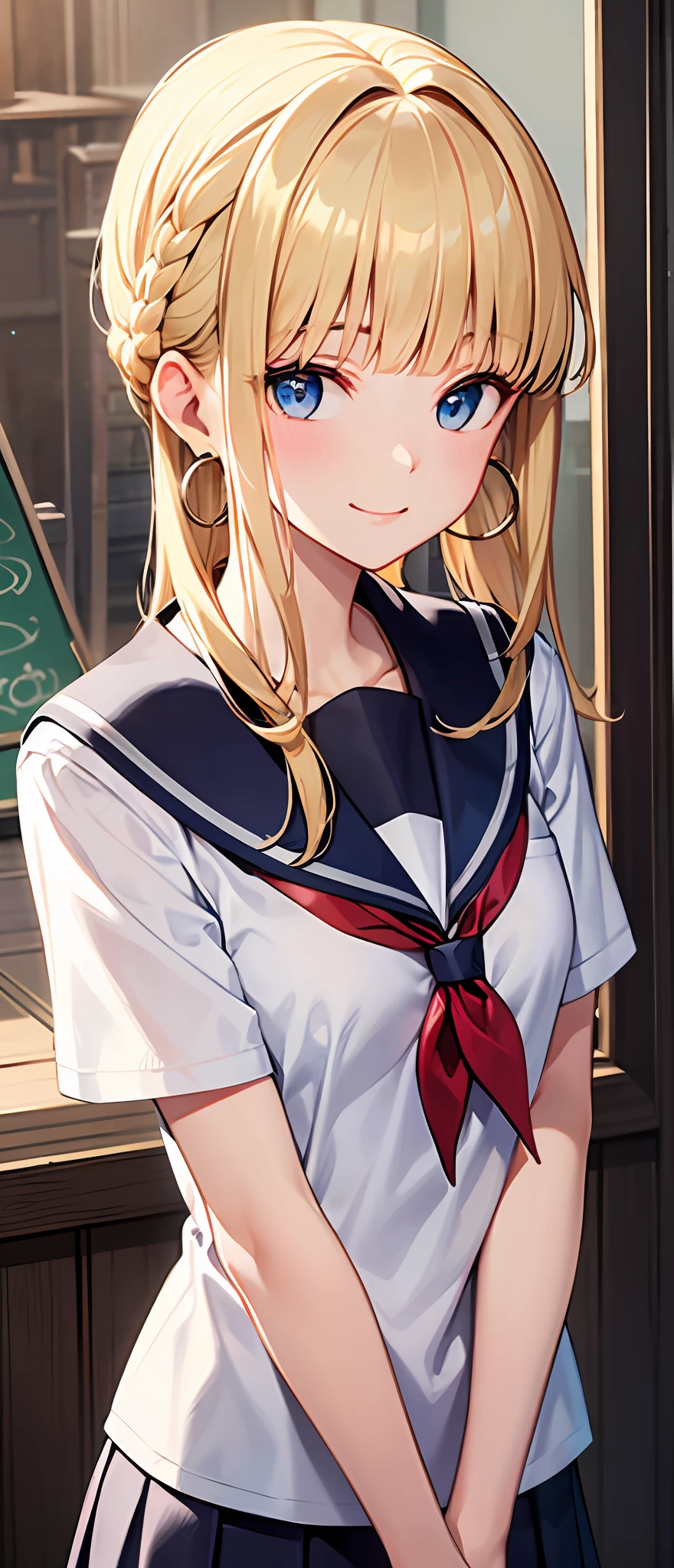 best quality,masterpiece,shiny blonde,blue eyes,school uniform, look down on, upper body,hair strand,Fair skin,french braid,smile,blunt bangs,hoop earrings,gladient hair,left sideburn is longer than right one,front view of the body