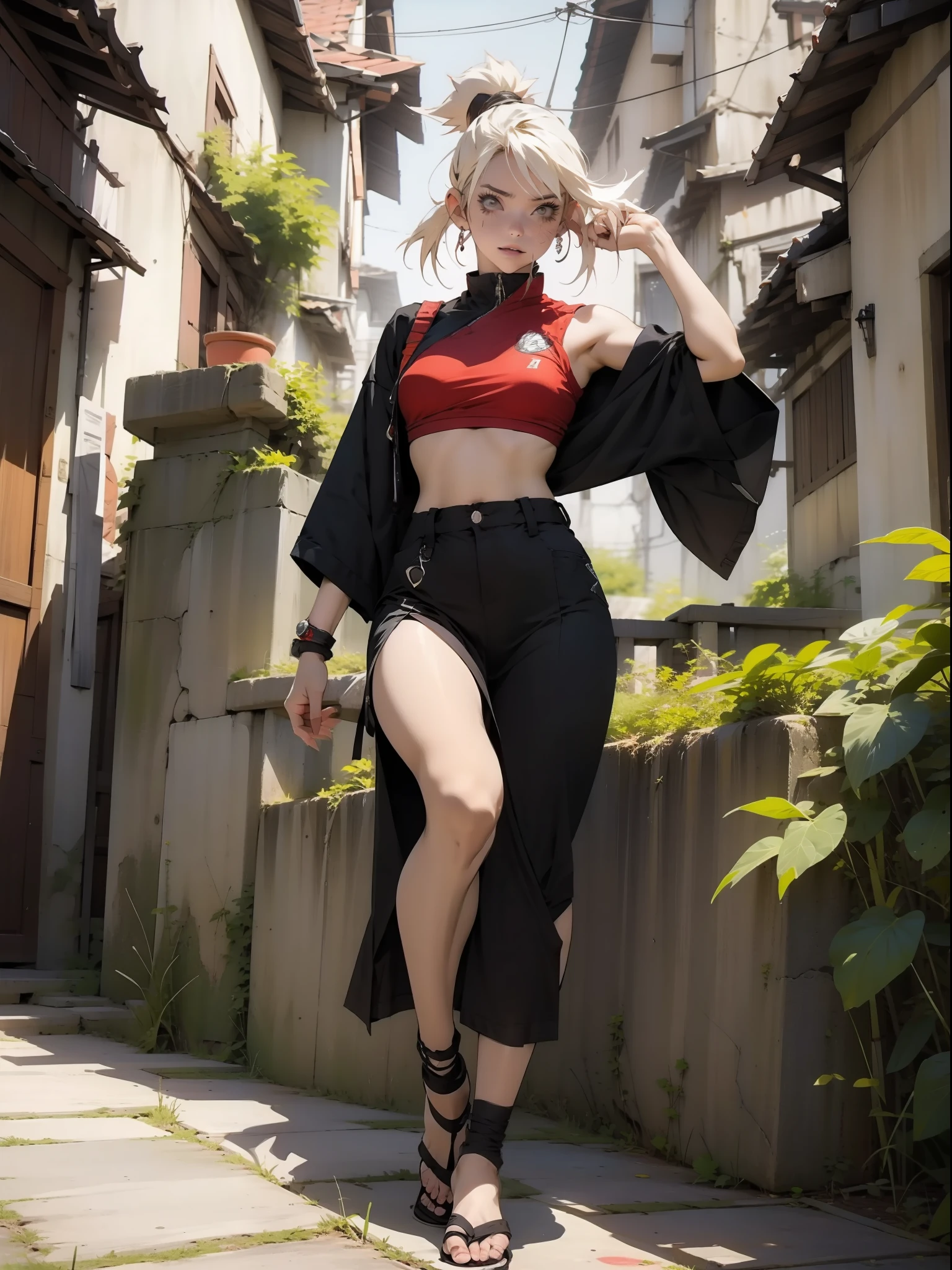 Nijistyle, ((Naruto girl)), Linda mulher de corpo inteiro, 30 anos, corpo perfeito e definido, ((( mulher ))), guerreira ninja, roupas futurista, detalhes absurdos, abssudres, Frank Frazetta, com micro roupas, quase totalmente nua, com pouca roupa, Tiny floss, seios grandes, decote generoso, fantastic art clothes, cabelos curto, Pose sexy, fantastic landscape, fantasia adulta, Nijistyle, urbansamurai_v0.3