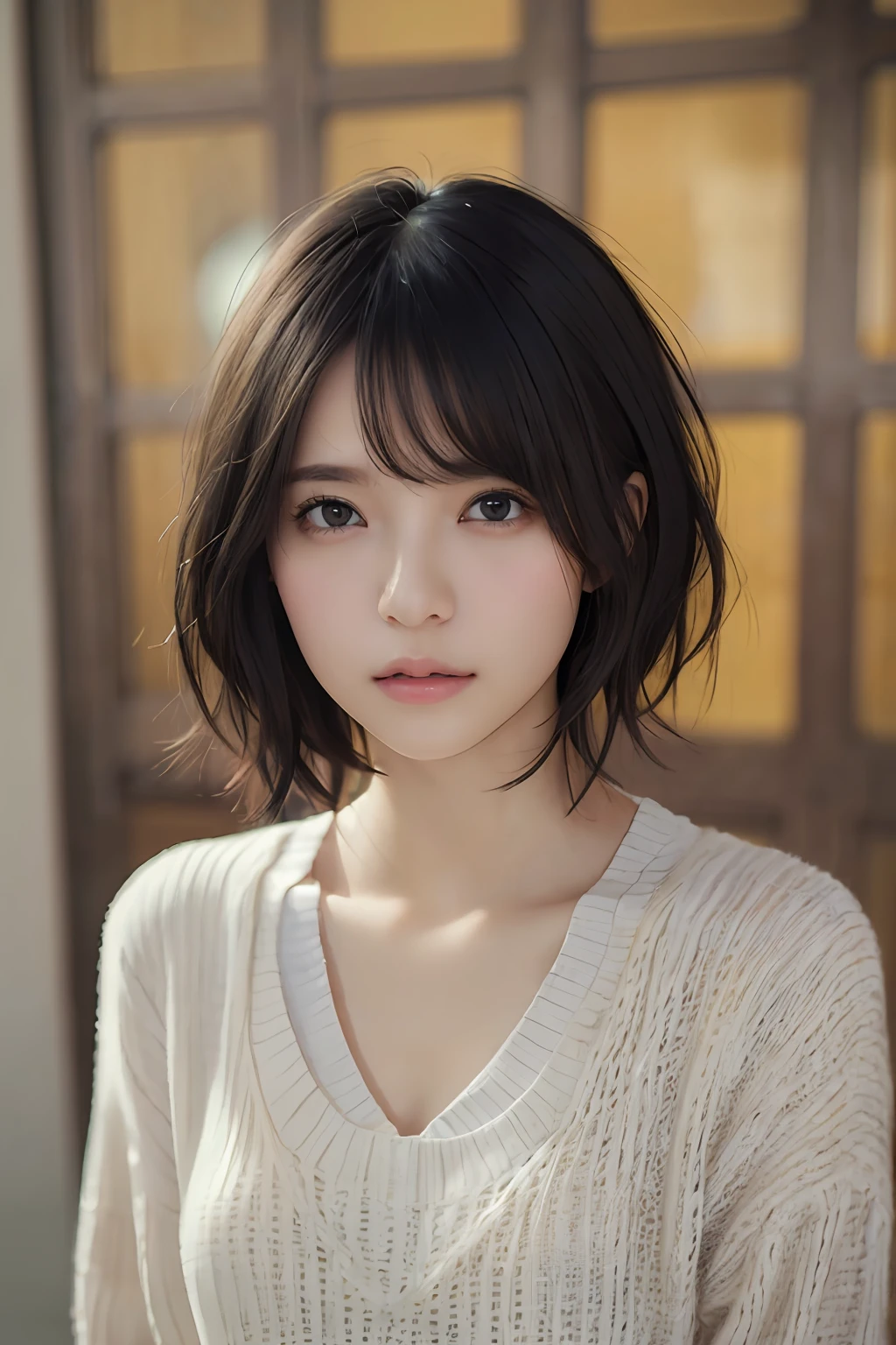 (masterpiece:1.3), (8k, photorealistic, RAW photo, best quality: 1.4), (1girl), beautiful face, (realistic face), (black hair, short hair:1.3), beautiful hairstyle, realistic eyes, beautiful detailed eyes, (realistic skin), beautiful skin, (sweater), absurdres, attractive, ultra high res, ultra realistic, highly detailed, golden ratio
