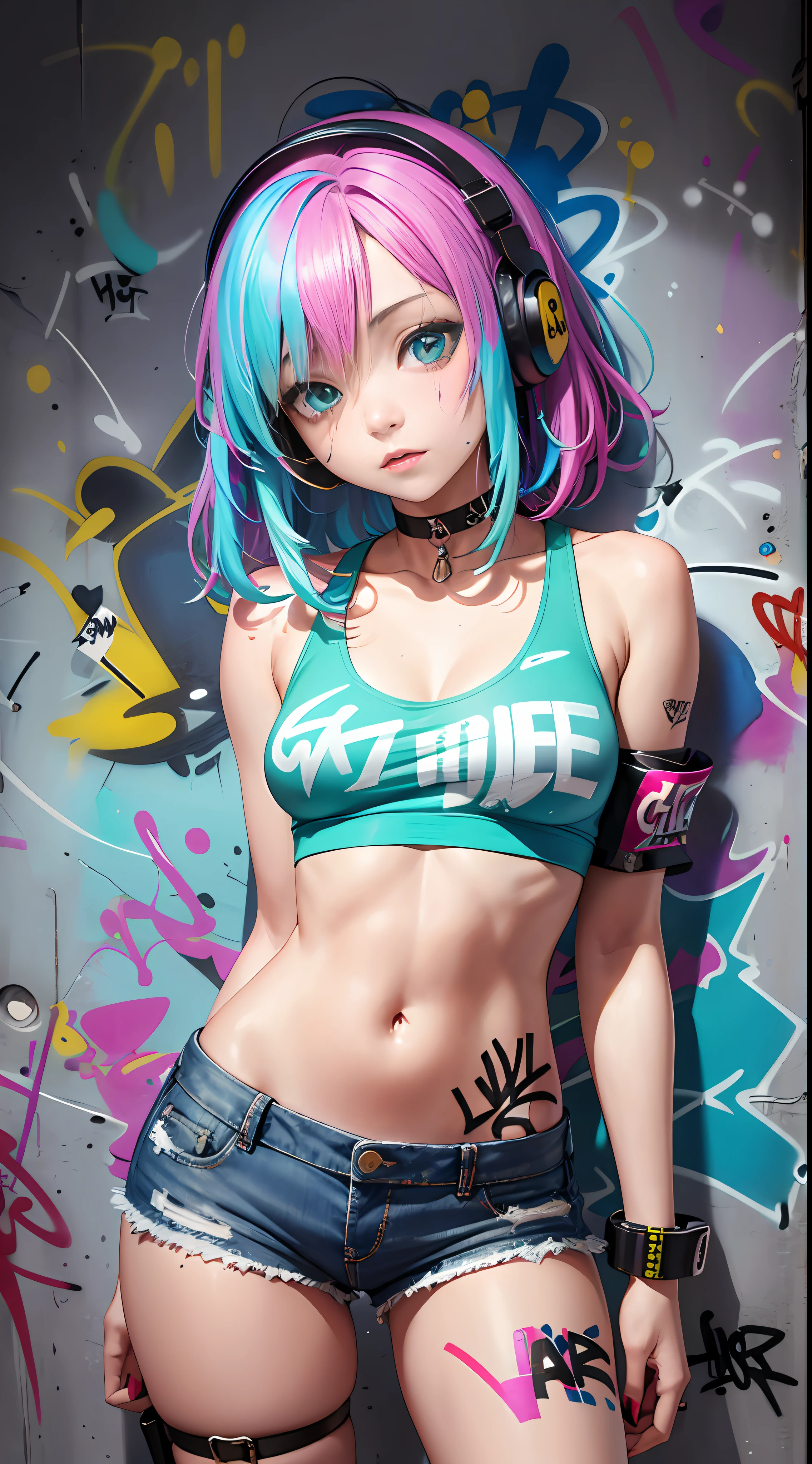 masterpiece, best quality, 1girl, solo, crop top, denim shorts, choker, (graffiti:1.5), paint splatter, arms behind back, against wall, looking at viewer, armband, thigh strap, paint on body, head tilt, bored, multicolored hair, aqua eyes, headset,