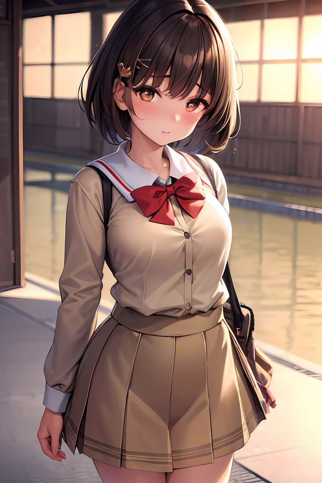 (1girl), sitting at seat, on the train, school uniform, a school bag, shirt,
(from below:1.2), 1girl looking over her shoulder,1 girl, beautiful Japan woman, thin wess, (butt sticking out: 1.2), fine face, short hair, (gigantic breasts, cleavage:1.2),(swimming race suit:1.3), (cameltoe),cute,kawaii, wet,from behind, backshot,, 1girl looking over her shoulder,gravure idol、Korean idol、Nogizaka idol,