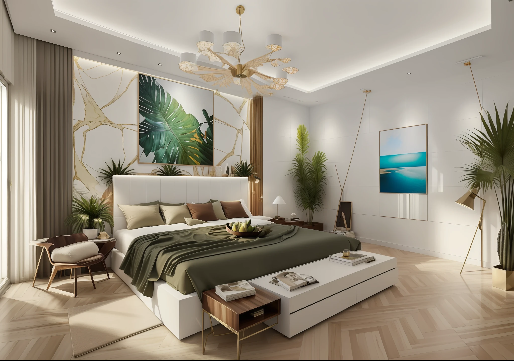 ((Best quality, 8k, Masterpiece :1.3)), bedrooom design, minimalist luxury motif furniture, flat plaster ceiling , glossy white wall panel, wood floor, day light,( 3/4 . angle:1.4)), ((1 tropical poster)),