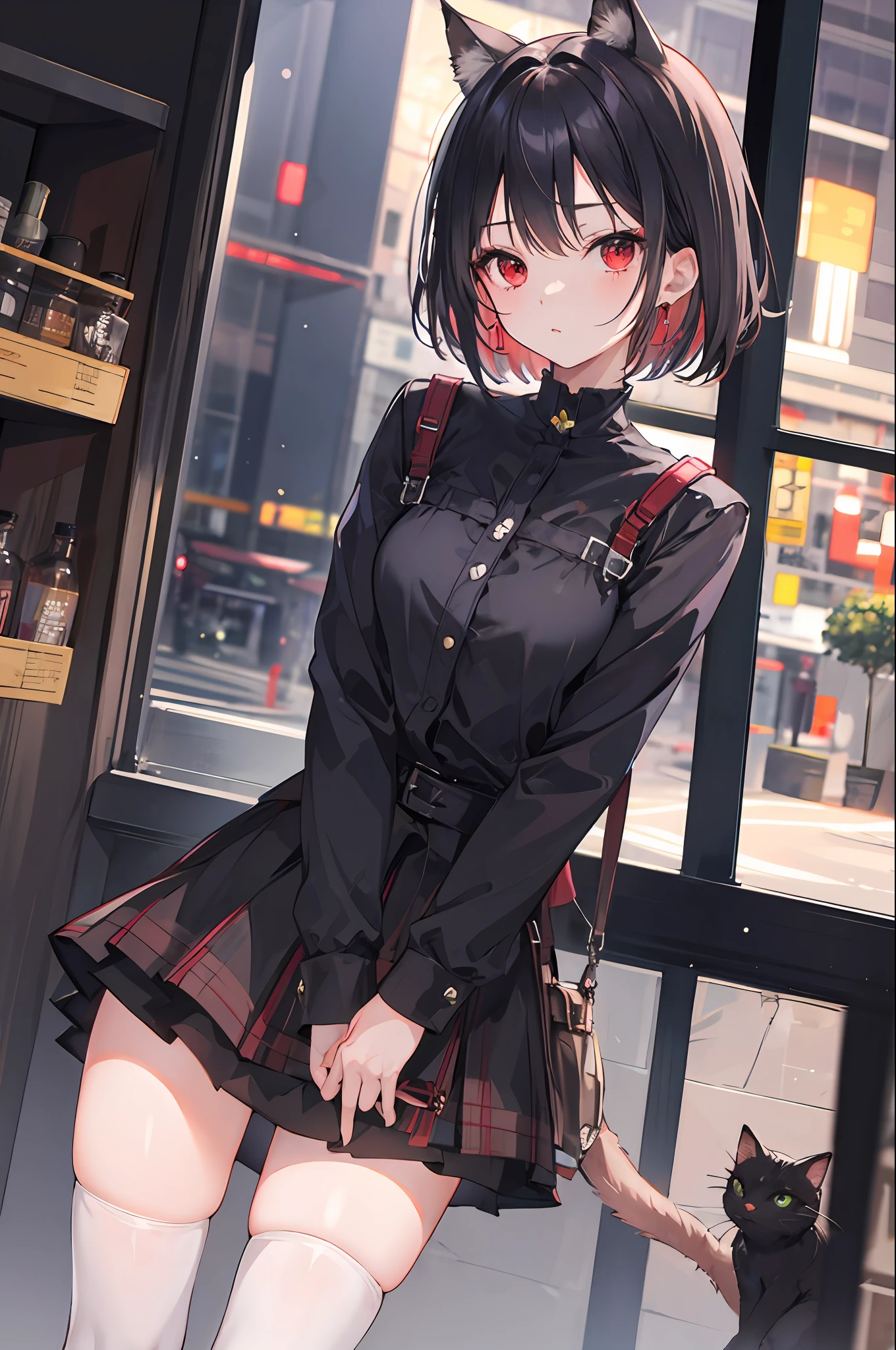 1girl,Cat lady,short skirt,Black stockings,whaite hair,Red eyes,Hotel,