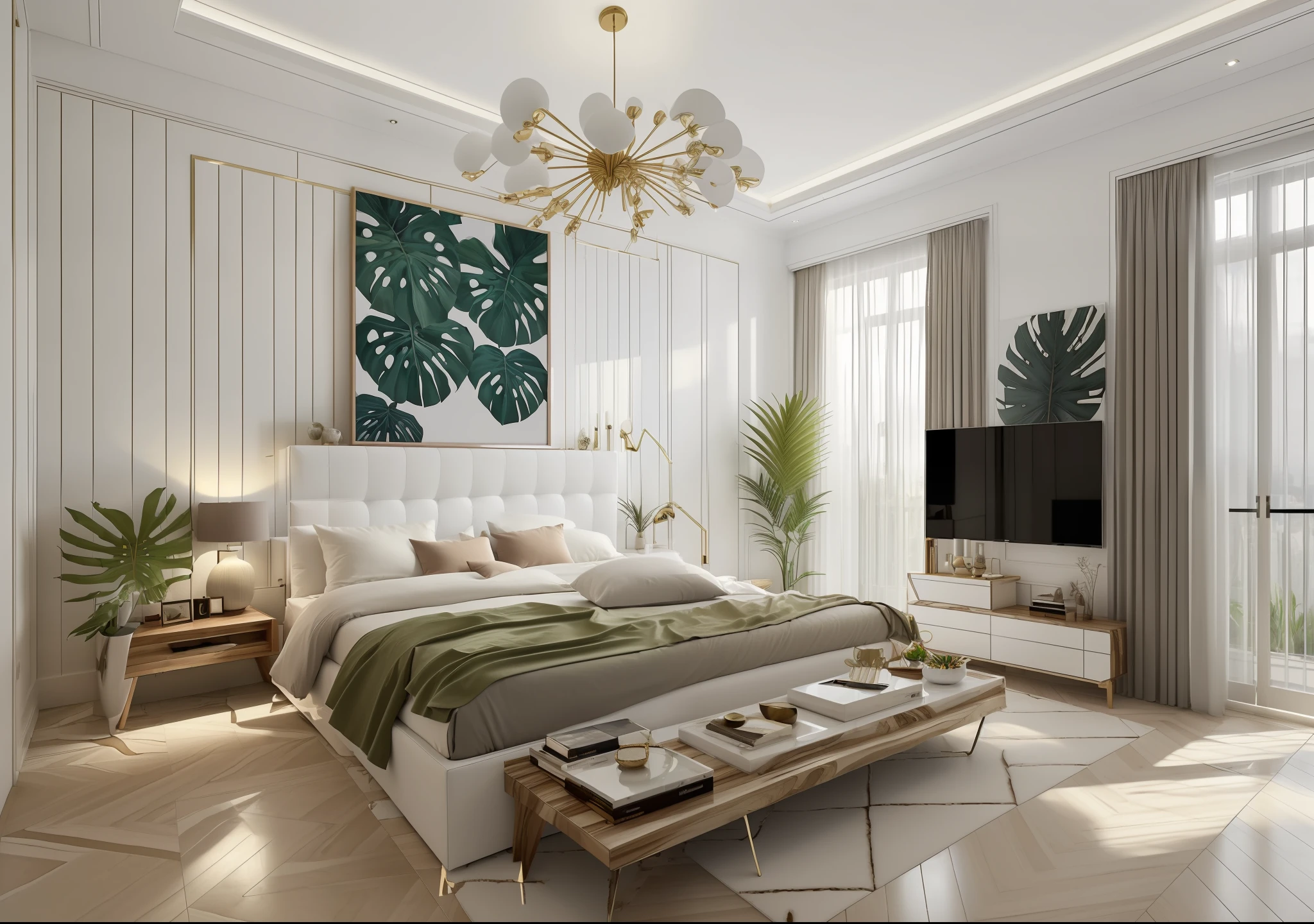 ((Best quality, 8k, Masterpiece :1.3)), bedrooom design, minimalist luxury motif furniture, flat plaster ceiling , glossy white wall panel, wood floor, day light,( 3/4 . angle:1.4)), ((1 tropical poster)),