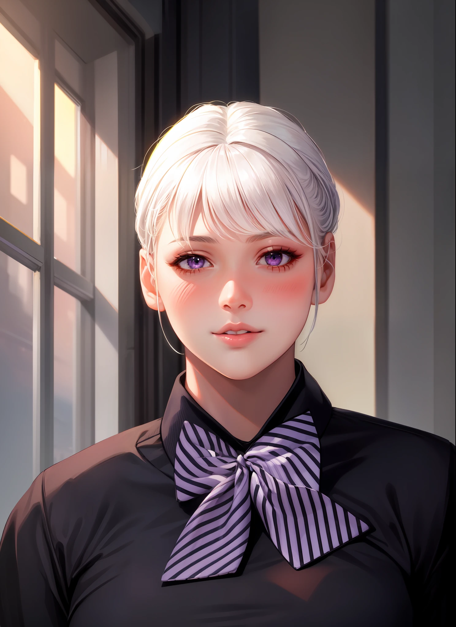 realistic, 1girl, white hair, purple eyes, glowing eyes, crop top, skirt, parted lips, blush, night, flowers, sun, sunlight,