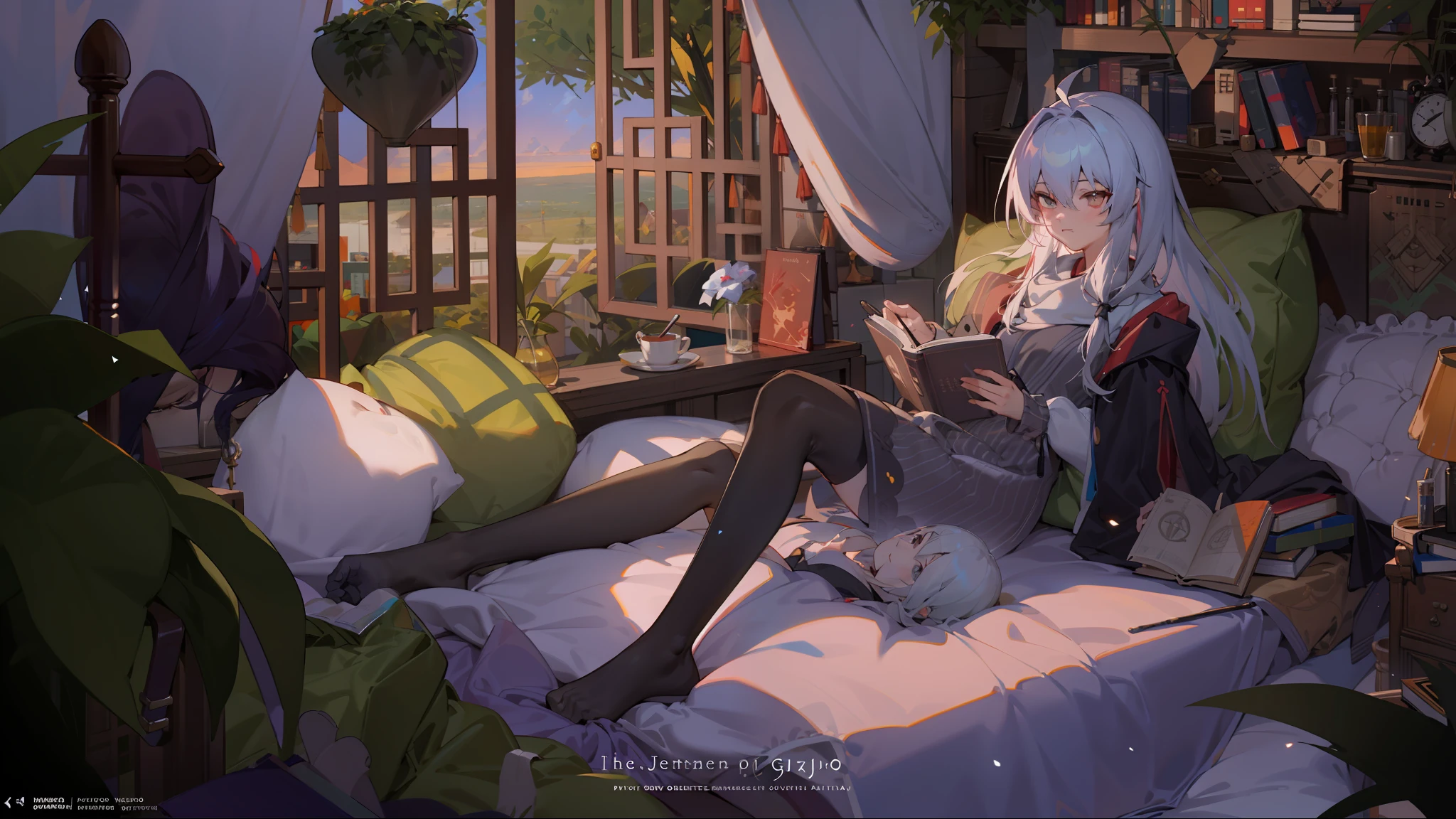 Anime girl sitting on bed reading a book in the room, Relaxing concept art, author:Shitao, Guviz-style artwork, by Yang J, trending on artstation pixiv, Detailed fanart, cozy wallpaper, from girls frontline, Guweiz in Pixiv ArtStation, Relaxing environment, Digital art on Pixiv, relaxing atmosphere