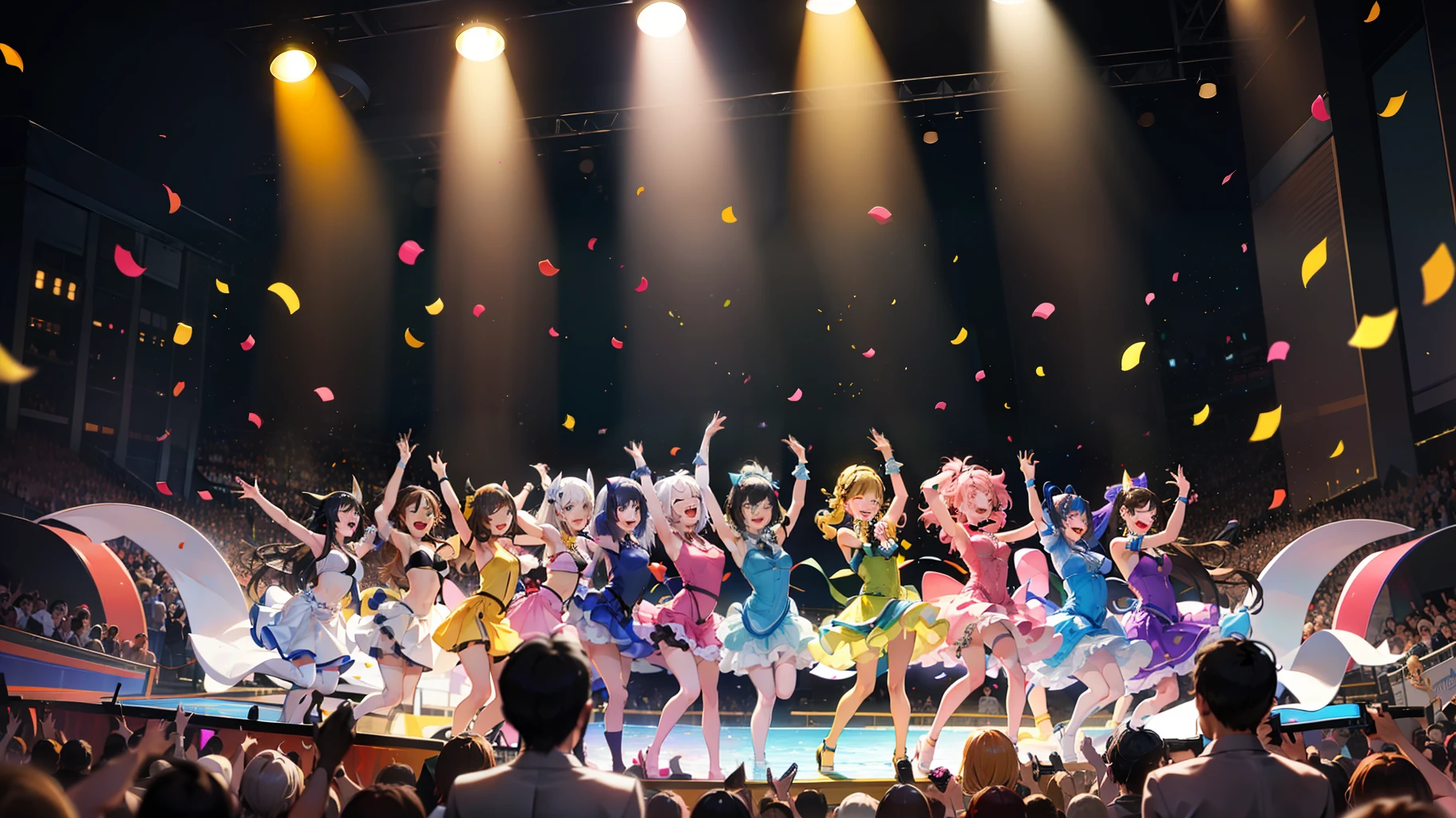 A group of women in idol costumes、We pose while singing and dancing happily together, Sweat and have fun, Everyone is smiling and having fun, Enjoy the moment. Girls are surrounded by cute and colorful decorations, And they are comfortable and relaxed. They are all good friends, And they are happy to spend time together, {{{{arena}}}}, Idol stage, {{{spot lighting}}}, {{{Light from above}}}, {{{{Confetti:1.3, Motion Blur}}}}, {{{Dutch Angle Shot}}},