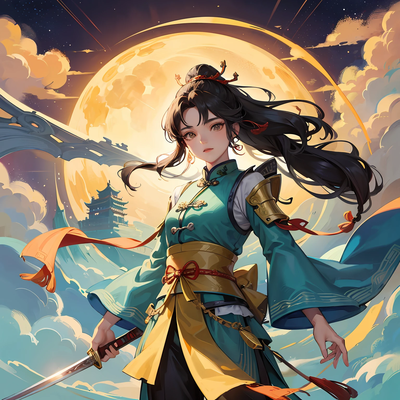 Uma capa de livro,Chinese Ancient Times,mtu,swordsman,holdingsword,mistic,Standing on a high mountain,Overlook for life,high qulity,tmasterpiece,Chinese Ancient Architecture,Skysky,clouds,Moon,light wind,The belt flutters, --auto