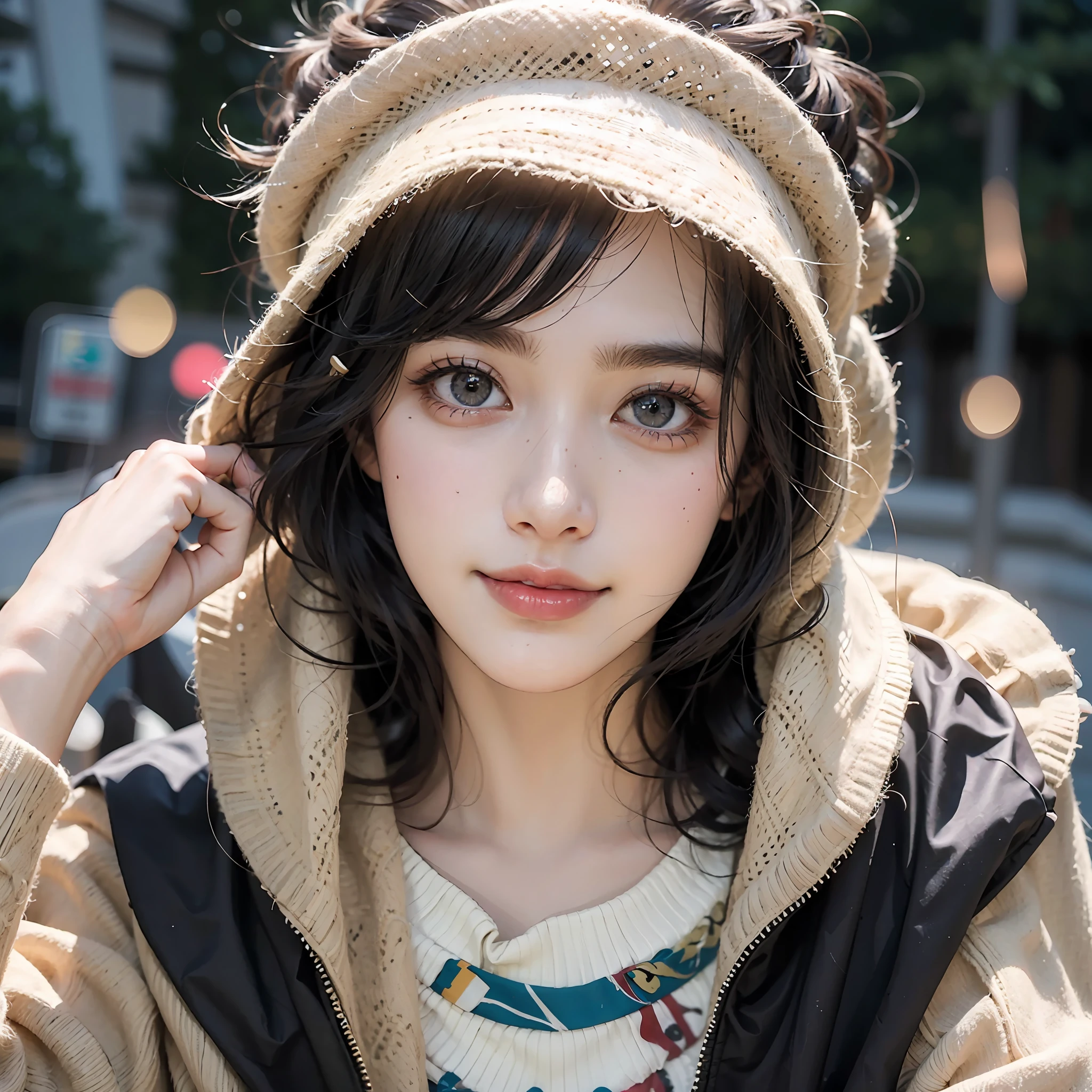 RAW photo, dynamic angle, highly detailed, soft light, 1girl, front focus, white skin, pale skin, korean girl, 18 year old, black eyes, thick eyebrows, pink lips, makeup, short black hair, smile, close up, street Background, profesional photograper, 85mm, Canon, glowing light, super detail, high details, high quality, best quality, highres, 8k, masterpiece