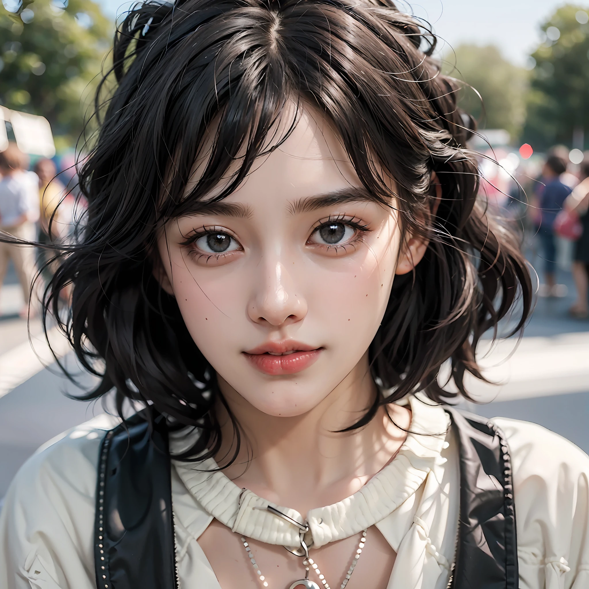 RAW photo, dynamic angle, highly detailed, soft light, 1girl, front focus, white skin, pale skin, korean girl, 18 year old, black eyes, thick eyebrows, pink lips, makeup, short black hair, smile, close up, street Background, profesional photograper, 85mm, Canon, glowing light, super detail, high details, high quality, best quality, highres, 8k, masterpiece