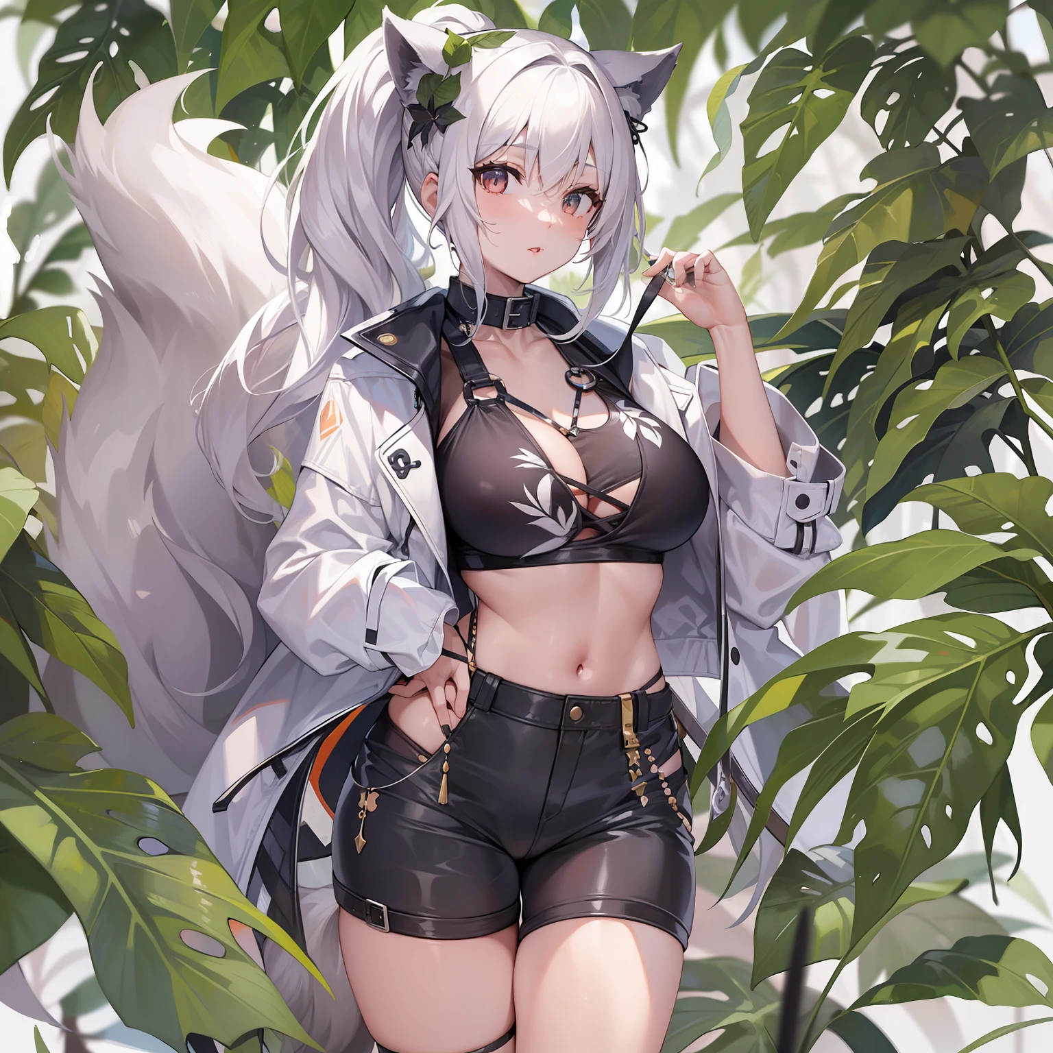((Masterpiece)), (Best Quality), Solo, miosha1, hair ornament, ponytail, wolf tail, swimsuit, white shorts, thigh strap, black jacket, leaf print, collar, string bikini, (NSFW:1.2)