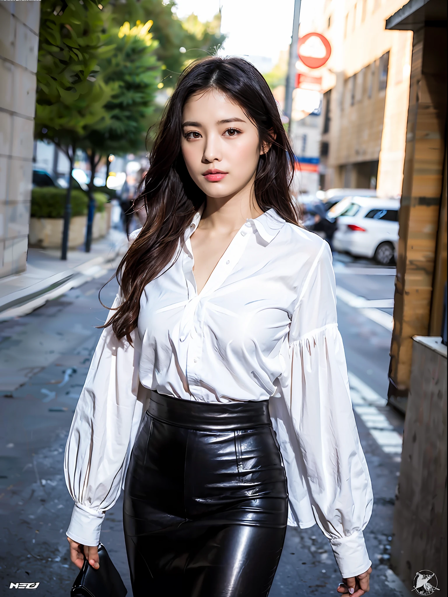 ,(RAW photo:1.2), (Photorealistic:1.4), Beautiful Meticulous Girl, very detailed eyes and faces, Beautiful detailed eyes,ultra - detailed, A high resolution, The is very detailed,best qualtiy,tmasterpiece,((White long sleeve blouse,Black leather skirt)),The is very detailed,CG,unified,8k 壁纸,finely detailled,tmasterpiece,best qualtiy,The is very detailed的 CG unified 8k 壁纸,light in face,cinmatic lighting, 1girll, ,full bodyesbian,are standing,(Camel toes),high-heels,blacksilk,the street,城市