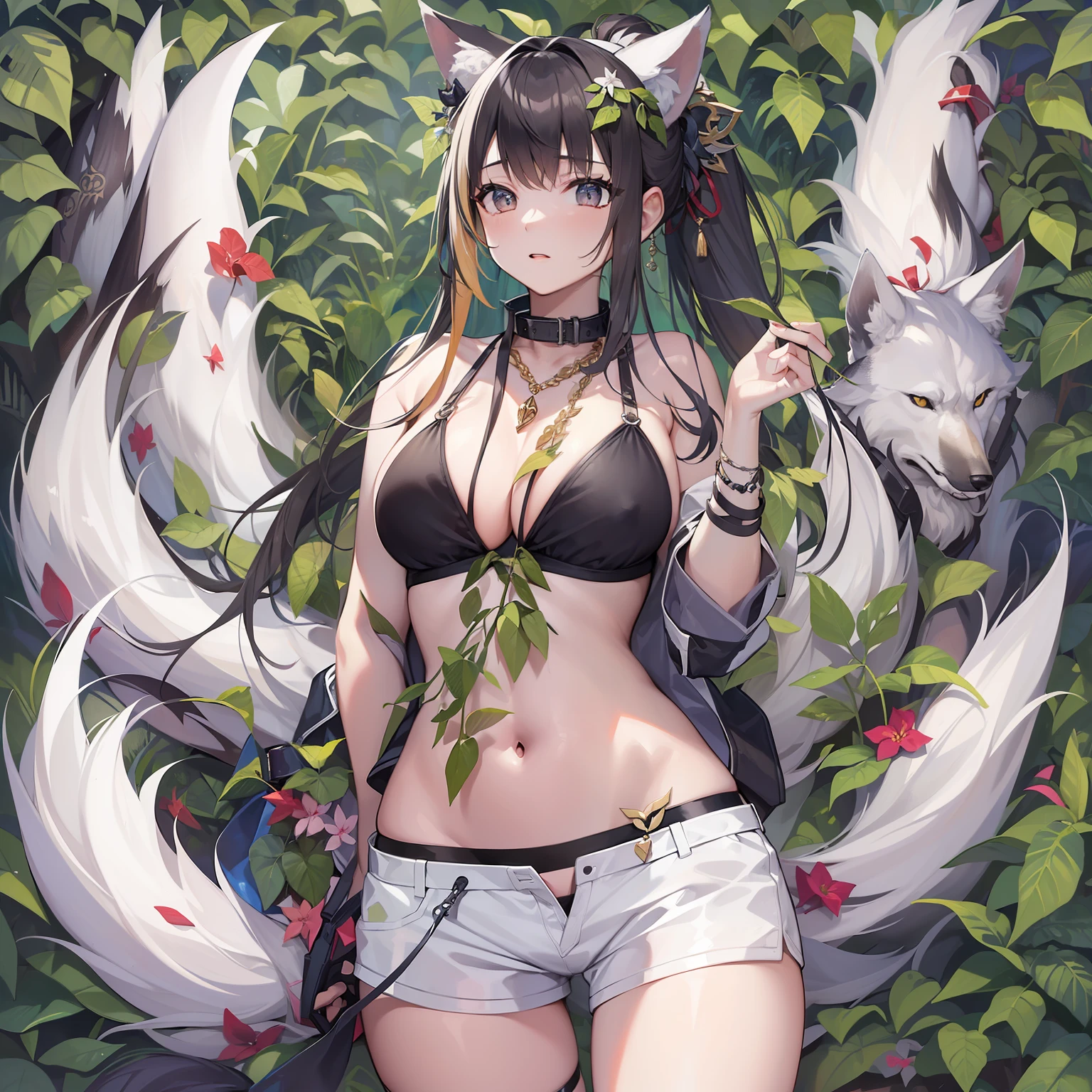 ((Masterpiece)), (Best Quality), Solo, miosha1, hair ornament, ponytail, wolf tail, swimsuit, white shorts, thigh strap, black jacket, leaf print, collar, string bikini, (NSFW:1.2)