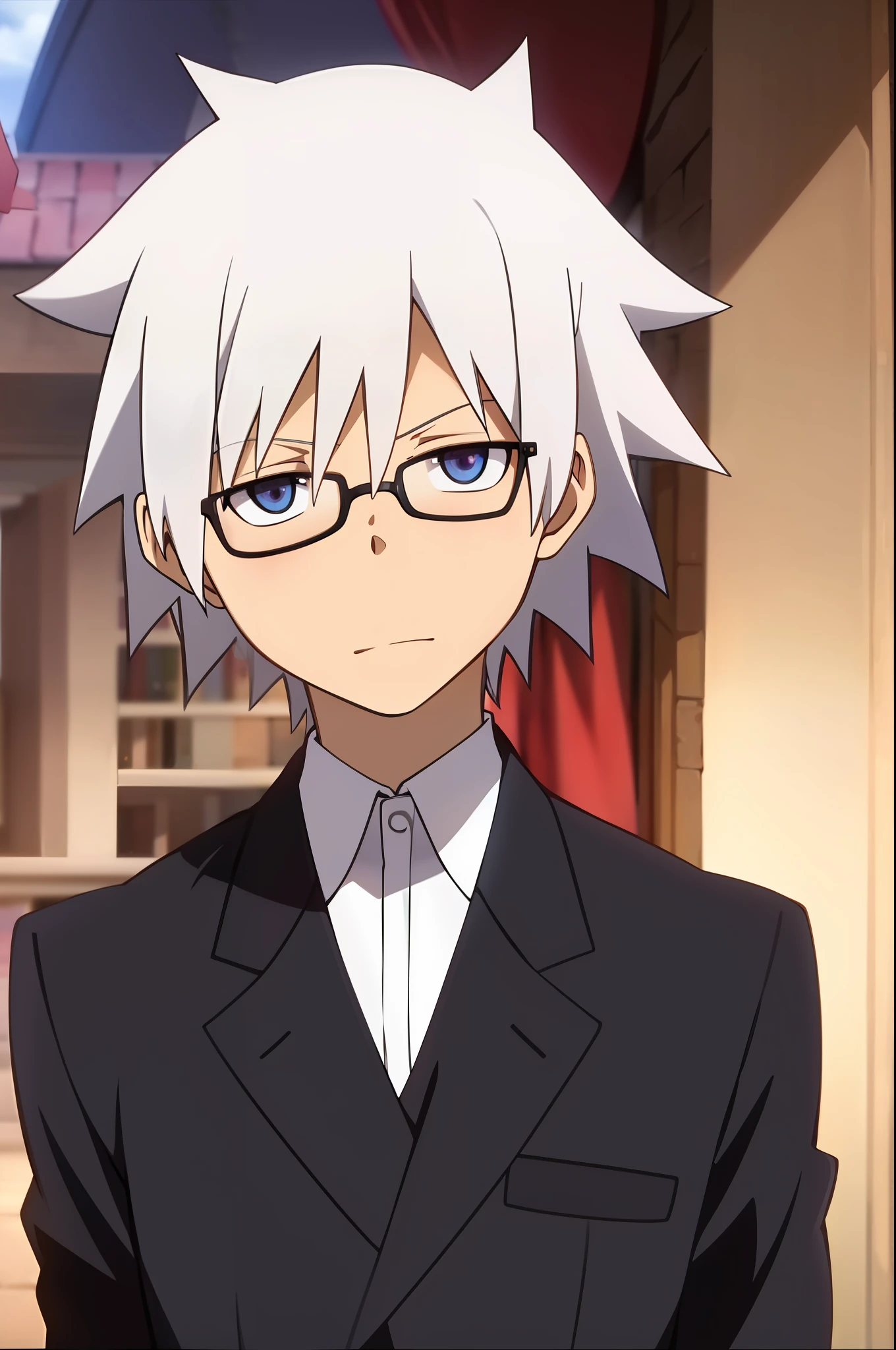 White-haired anime male character wearing blue-eyed glasses wearing the black suit