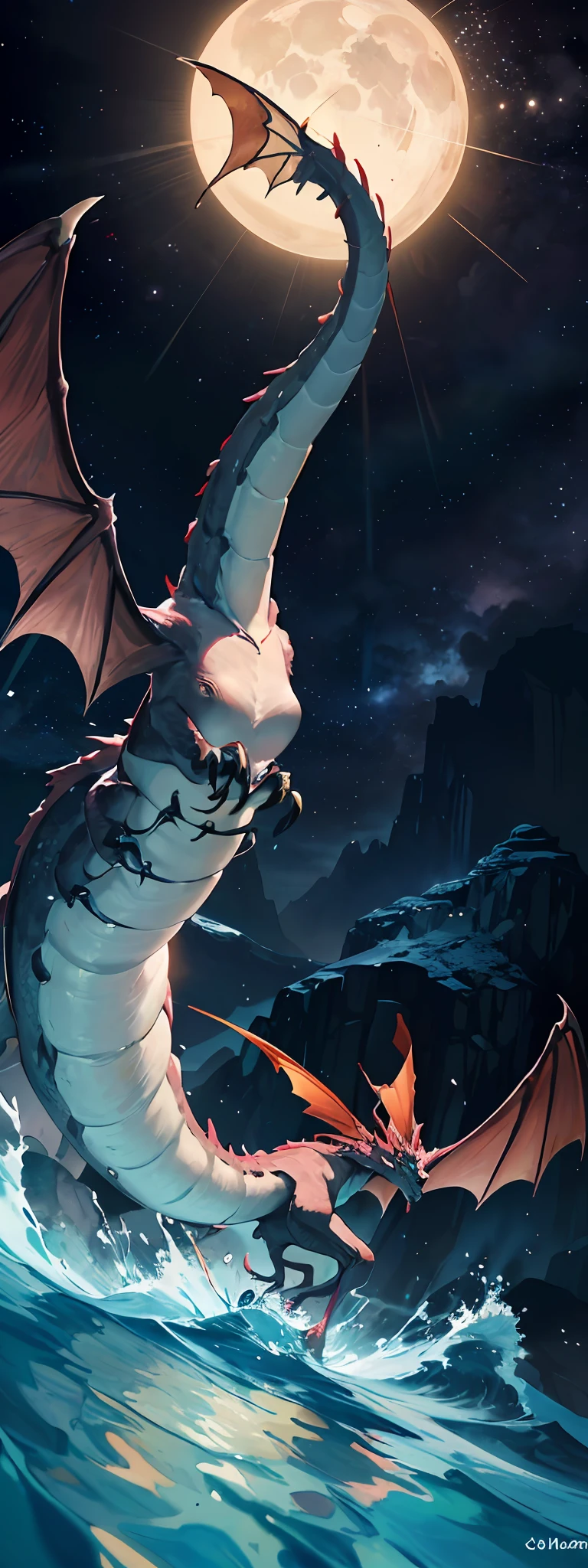 In these lands beyond the rim, we can also find amazing creatures that have never been seen before. Imagine huge winged, dragon-like creatures soaring through the skies. Or gigantic sea creatures, swimming in endless, unknown oceans. The fauna and flora of these lands are so diverse and exotic that they could inhabit a completely different world. paisagem expansiva, (a view from below showing the sky above and the open field below), um lobo em um campo de flores olhando para cima, (lua cheia: 1.2), (estrelas cadentes: 0.9), (nebulosa: 1.3), montanha distante, production art Tree BREAK, (fonte de luz quente: 1.2), (Firefly: 1.2), bulb, muito roxo e laranja, detalhes intrincados, volumeric lighting, realismo BREAK (obra-prima: 1.2), (melhor qualidade), 4k, ultra-detalhado, (dynamic compositing: 1.4), detalhes muito detalhados e coloridos, (cores iridescentes: 1.2), (bright illumination, Atmospheric Illumination), sonhador, magica, (apenas: 1.2)