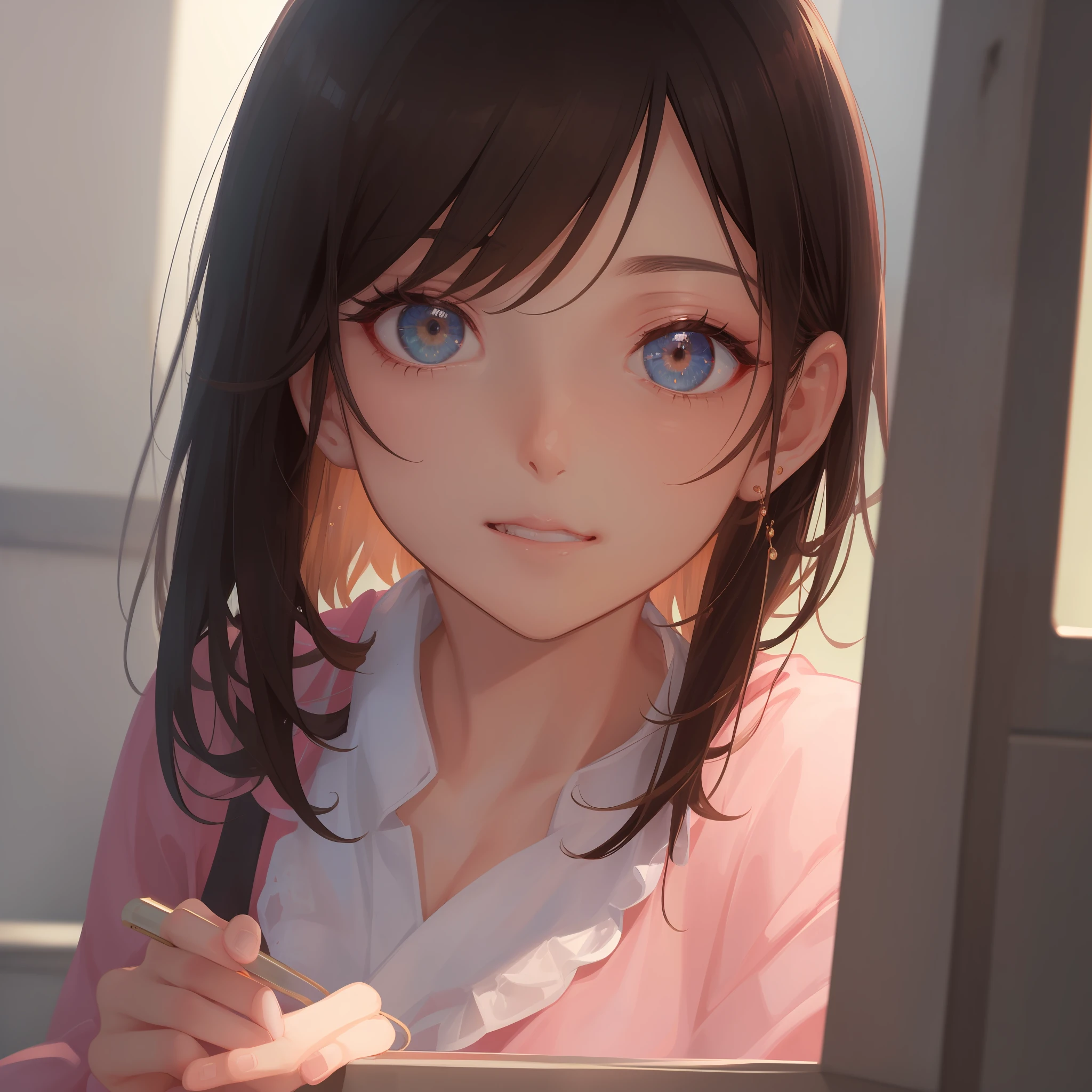 masterpiece, of the highest quality, Super Detail: 1.6), Illustration, (Solo, One girl, Beautiful detailed eyes: 1.2), (masutepiece, of the highest quality, Super Detail: 1.6), Illustration, Best Quality, Dynamic Range, Bokeh, Indoors, very short hair not touching shoulder, Brown hair, tuck one side hair behind ear, Green eyes, Looking at Viewer, Smile, cheerful woman, strong minded woman, Anime, (masutepiece,Best Quality,Ultra-detailed:1.6), (lip, nose, tooth, rouge, lipstick, eyeshadow:1.4), (blush:1.2), (jpeg artifacts:1.4), (depth of field, bokeh, blurry, film grain, chromatic aberration, lens flare, dusty sunbeams, trembling, motion lines, motion blur, emphasis lines, wearing long sleeves, long skirts, front view, frontal face, head shot,