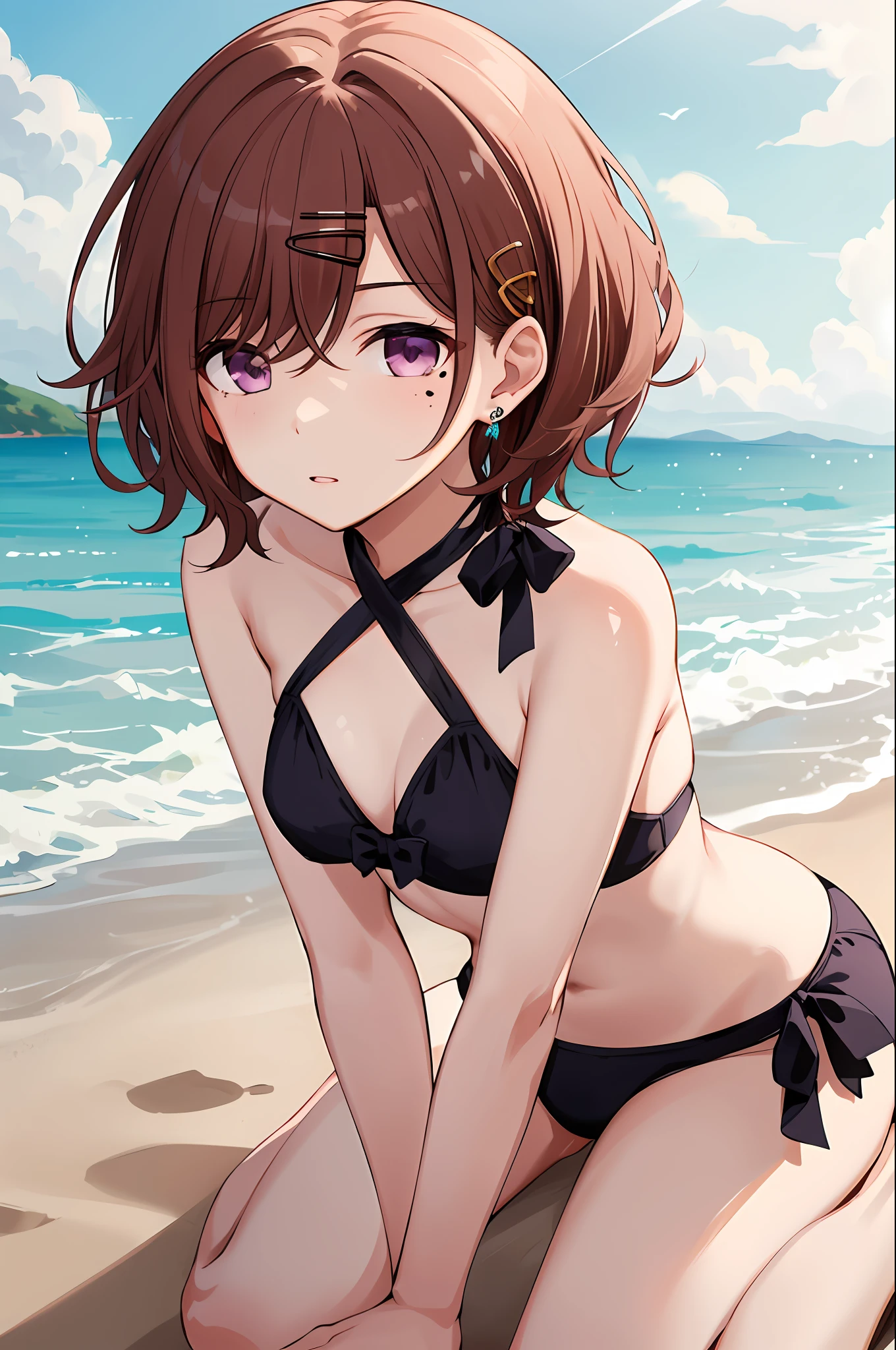 Best quality, A high resolution, 1girll, higuchi madoka, Brown hair, Moles under eyes, hair adornments, hair pin, Short hair, bangs, Purple eyes,  frilld_Bikini, beach, wariza,