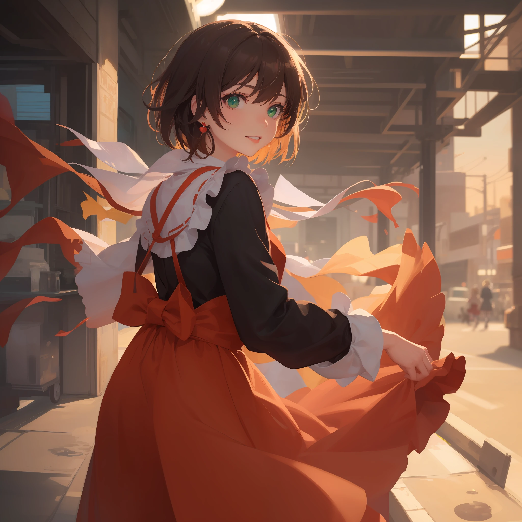 masterpiece, of the highest quality, Super Detail: 1.6), Illustration, (Solo, One girl, Beautiful detailed eyes: 1.2), (masutepiece, of the highest quality, Super Detail: 1.6), Illustration, Best Quality, Dynamic Range, Bokeh, Indoors, very short hair, Brown hair, tuck one side hair behind ear, Green eyes, Looking at Viewer, Smile, cheerful woman, strong minded woman, Anime, (masutepiece,Best Quality,Ultra-detailed:1.6), (lip, nose, tooth, rouge, lipstick, eyeshadow:1.4), (blush:1.2), (jpeg artifacts:1.4), (depth of field, bokeh, blurry, film grain, chromatic aberration, lens flare, dusty sunbeams, trembling, motion lines, motion blur, emphasis lines, wearing long sleeves, long skirts, front view, front face