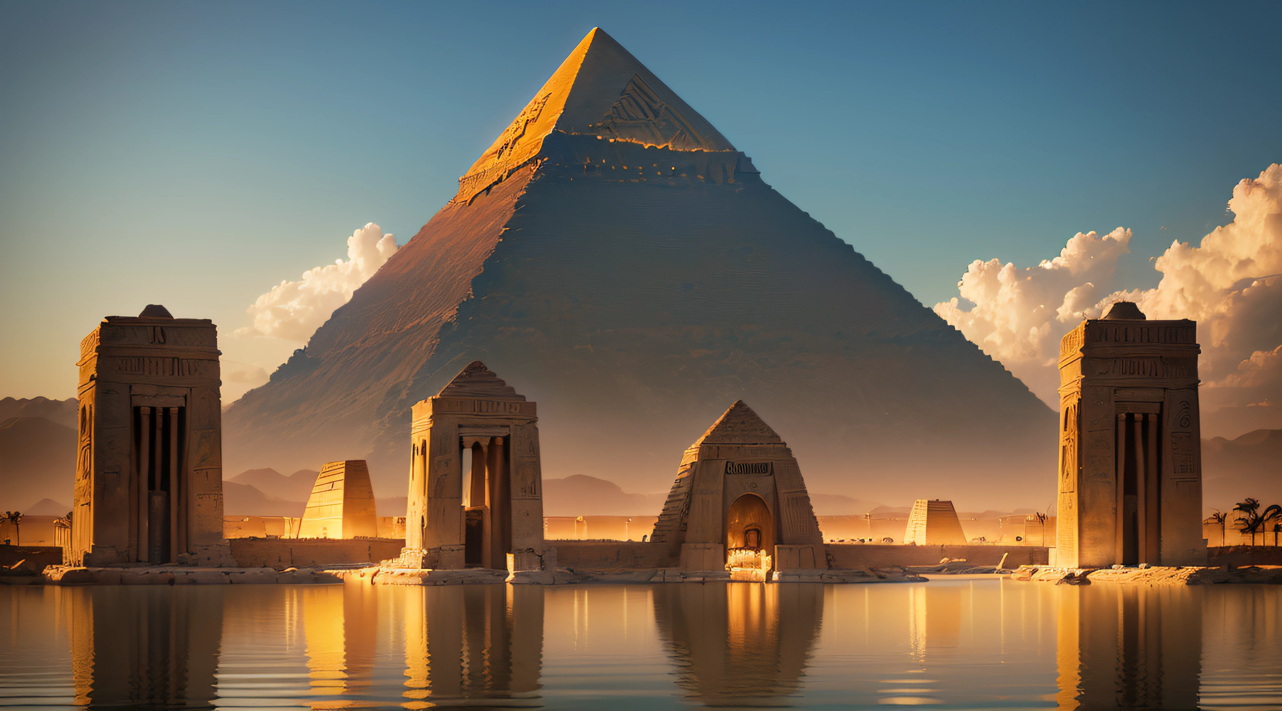 ((lifelike lighting, Melhor qualidade, 8K, Obra-prima: Draw the Nile River in Bible time with its majestic and calm waters, reflecting the serenity and vital importance it had for the lives and culture of the people of that time. On the banks of the river, represent Hebrew and Egyptian figures, convivendo pacificamente e realizando atividades cotidianas, symbolizing the coexistence between these peoples in the Nile region. No horizonte, include the silhouette of Pyramids and other architectural elements from ancient Egypt, highlighting the greatness of civilization at the time --auto