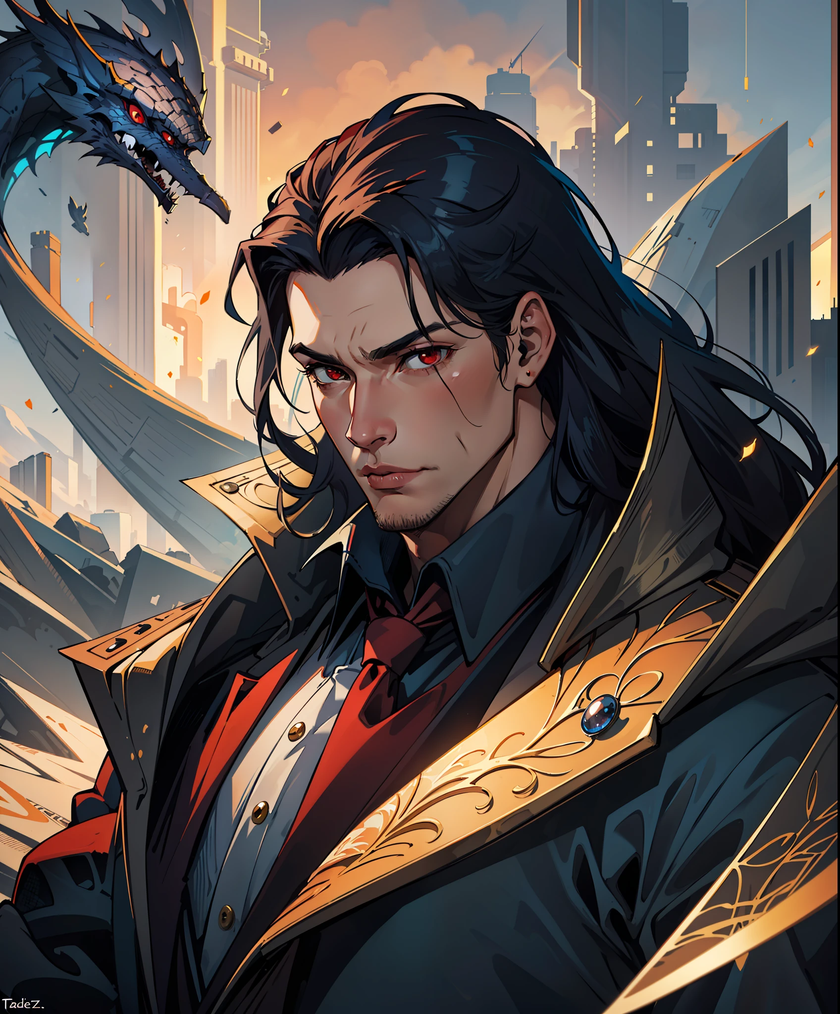 Arafed depiction of a man, dressed in a suit with red eyes, portrait of a character by Tadeusz Pruszkowski, Artstation contest winner, Fantasy art, Epic Exquisite Art