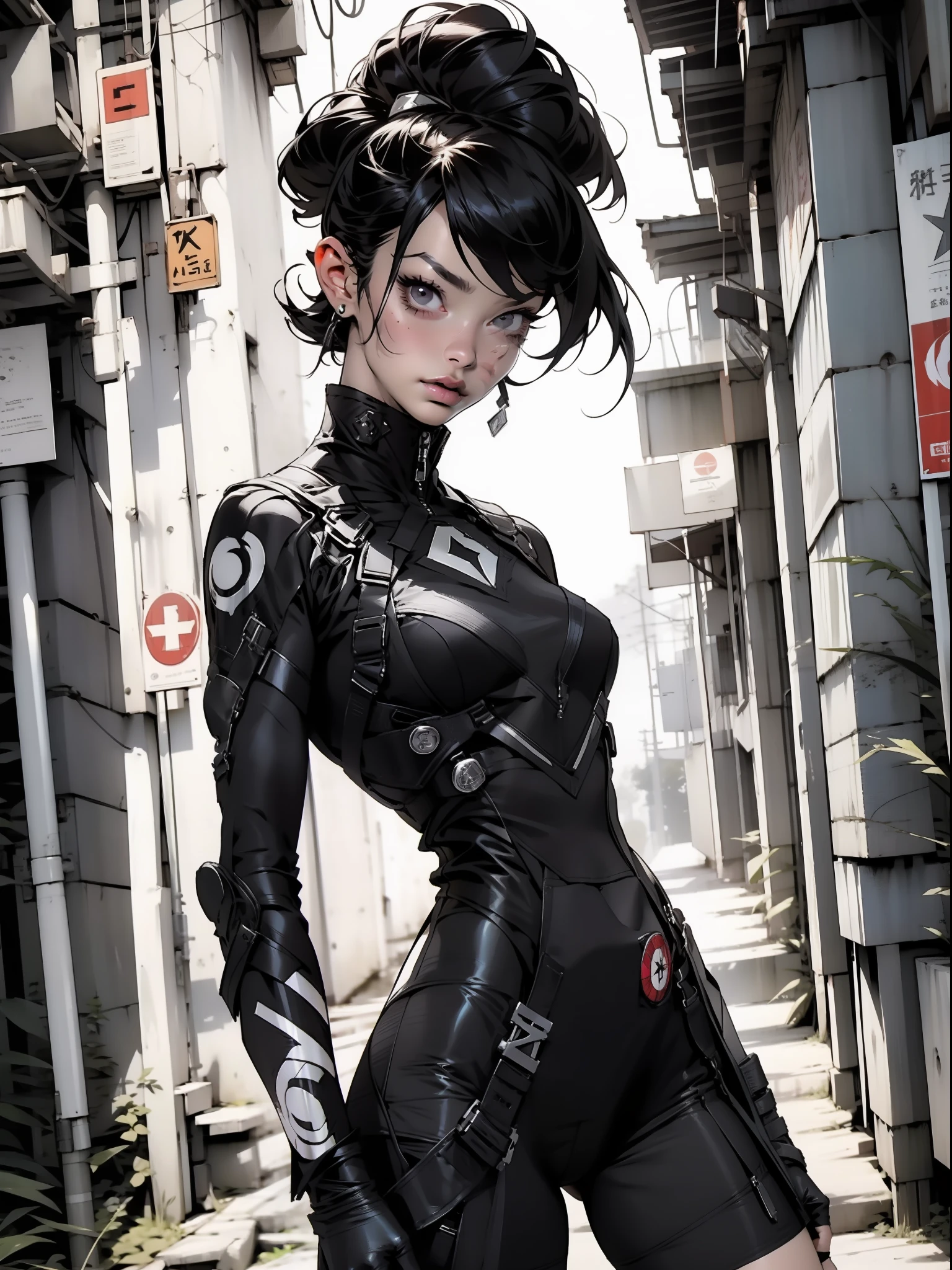 Nijistyle, (Marvel’s Black Bolt)), Linda mulher de corpo inteiro, 30 anos, corpo perfeito e definido, ((( mulher ))), guerreira ninja, roupas futurista, detalhes absurdos, abssudres, Frank Frazetta, com micro roupas, quase totalmente nua, com pouca roupa, Tiny floss, seios grandes, decote generoso, fantastic art clothes, cabelos curto, Pose sexy, fantastic landscape, fantasia adulta, Nijistyle, urbansamurai_v0.3