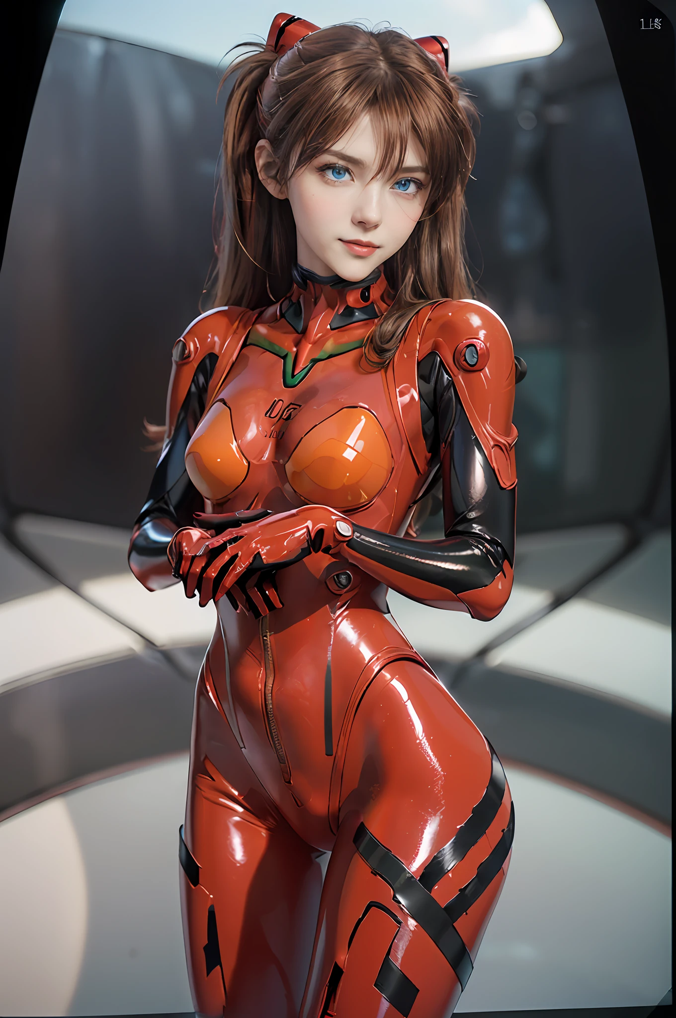 Masterpiece,8k,3D,((Full body),(Realistic),Photography,Best Quality,Official Art,(((Female NSFW1.1))),(Crossed arms:1.0,Stand,Open legs:1.0),(Perfect proportions: 1.1),(From bottom:1.2),Dynamic angle, ((Souryu Aska Langley,Souryu Aska Langley Plug suit 02:1.5),(cyber punk:1.2,Narrow and dark sci-fi spaceship cockpit:1.1,,curved interior, holographic display panel:1.1, joystick,), 20 years old, vivid coloring: 1.6, (face and eye details: 1.2), detailed face, detailed lips, detailed eyes, double eyelids, (beautiful face, beautiful eyes, blue eyes: 1.5)), wet eyes, thin sharp pale eyebrows, long eyelashes, long lower eyelashes, (((seductive smile)), (delicate and beautiful fingers)), (tall, small face), thin and muscular, (high-leg swimsuit : 1.3), (see-through), bodysuit shining in mirrors, crimson shiny rubber suit, translucent shiny red tight suit, glossy metallic details, shiny red holographic leather, red tight gloves, pointed chest: 1.2, (black tight latex shiny on the inside of the arms)), (black connection under the chest in a precise circle: 1.5)), The black connecting part of the shoulder is a circle), two simple thick black latex rays from the thighs to the buttocks, the green part of the shoulder blades, the small logo pattern on the chest is 02, Long legs, thin waist, thin skin, self-righteous, arrogant, blush, (shy)), very delicate and beautiful girl, movie lighting, dynamic pose, model pose, beautiful light brown hair, twin tails, movie lighting: 1, DSLR, Fujifilm XT3, Sharp Focus: 1.2, Maximum Clarity and Sharpness, Multi-layer textures, albedo and specular maps, surface shading, accurate simulation of light-matter interactions,