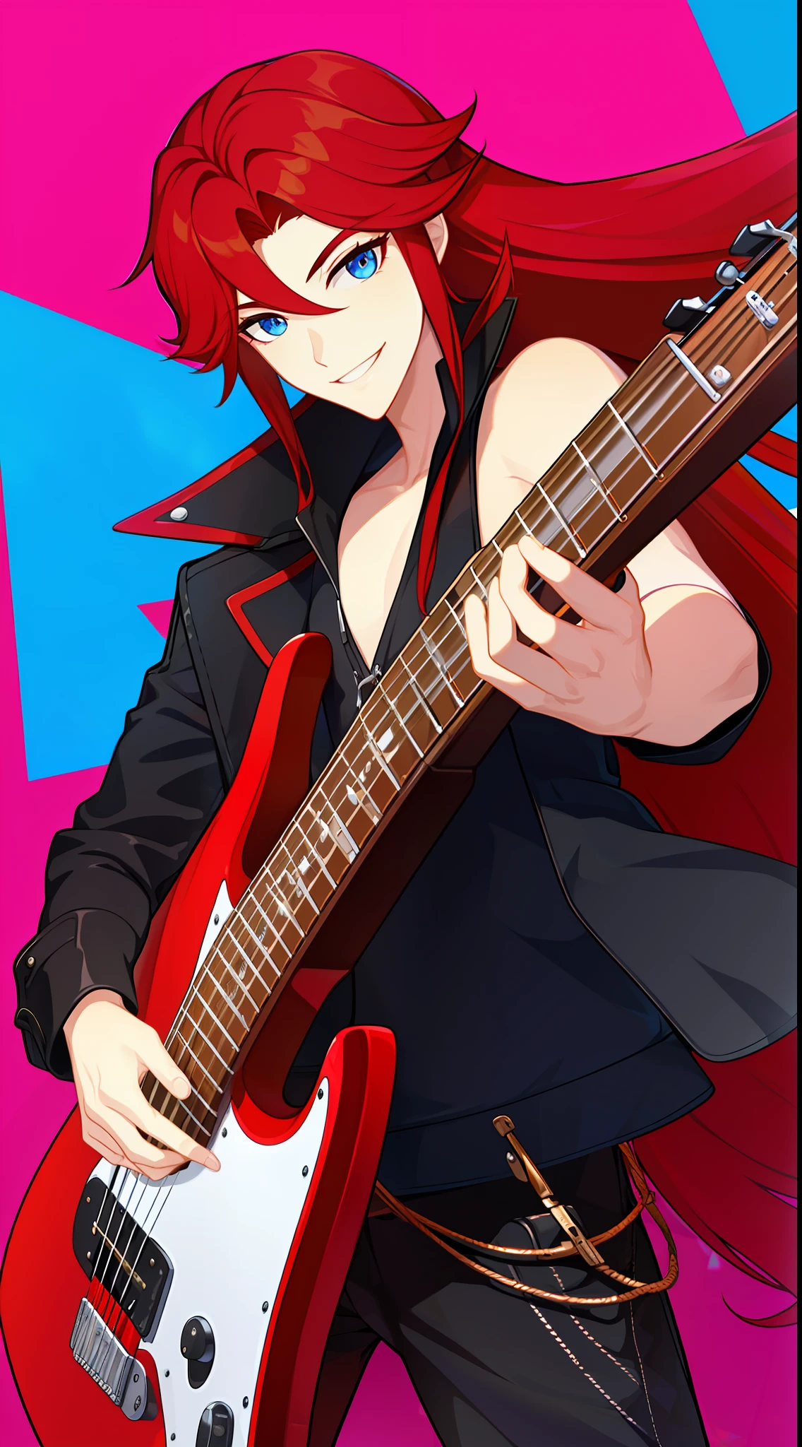 Young guy, Long red hair, Smile, blue eyes, sleeveless leather jacket, electric guitar, Masterpiece, hiquality