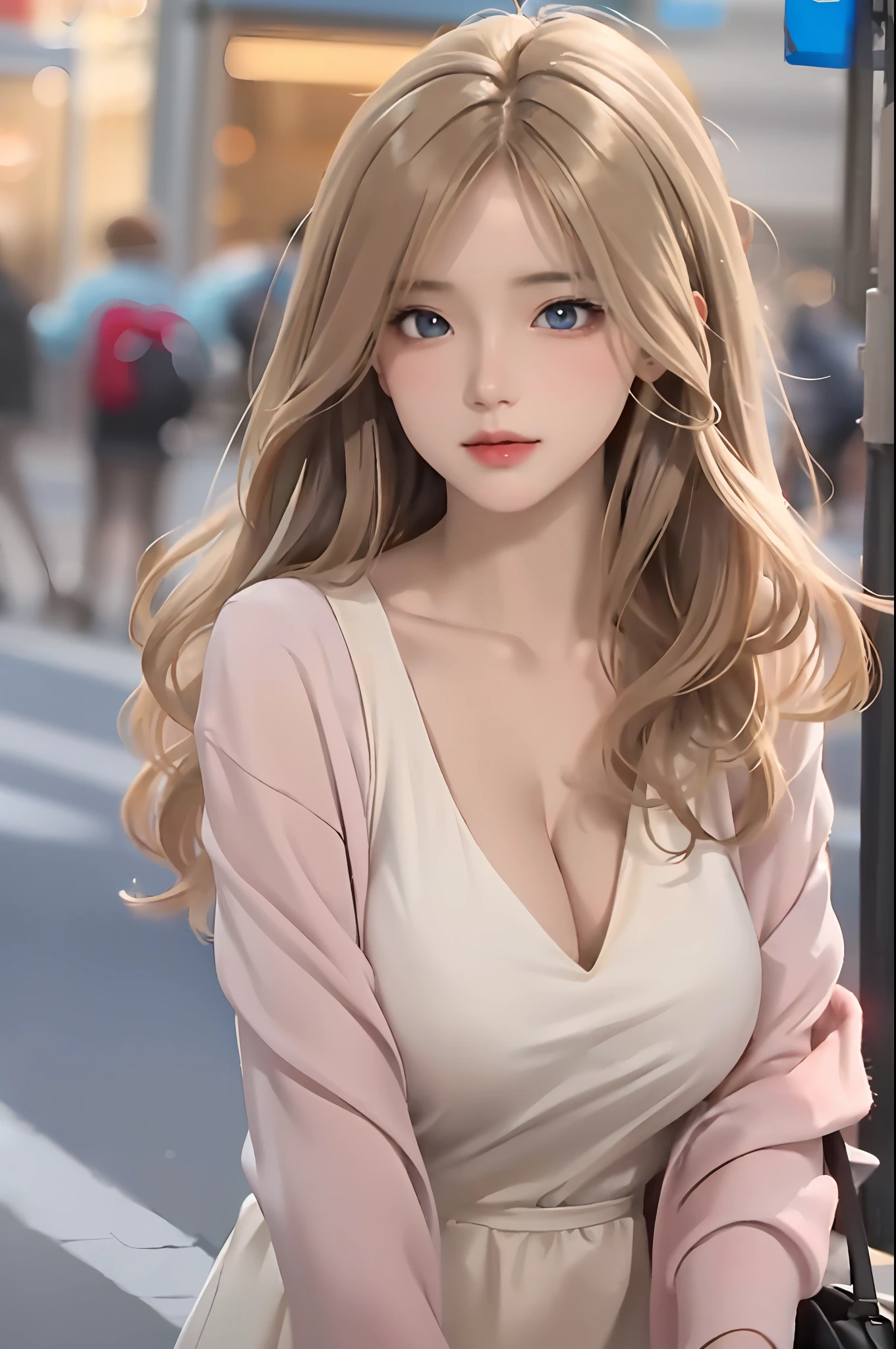 tmasterpiece,best qualtiy,8K,detailed skin textures,Detailed cloth texture,beautifull detailed face,Complicated details,Solo,the ultra-detailed,realisticlying:1.4,1 anime girl,long wavy blond hair,gray pupil,Blushlush,(Detailed eyes,eyes reflection,is shy),(opens his eyes wide:1.3),ultra-realistic realism,Pink skin,(Smooth skin,Skin reflects light:1.3),Skin oiled:1.3,(Moist white dress,Dynamic pose),((mediuml breasts):1.2,Exposing thighs),nighttime scene,The upper part of the body,Side view,cowboy lens,high saturated:1.5,Yellow light:1.5