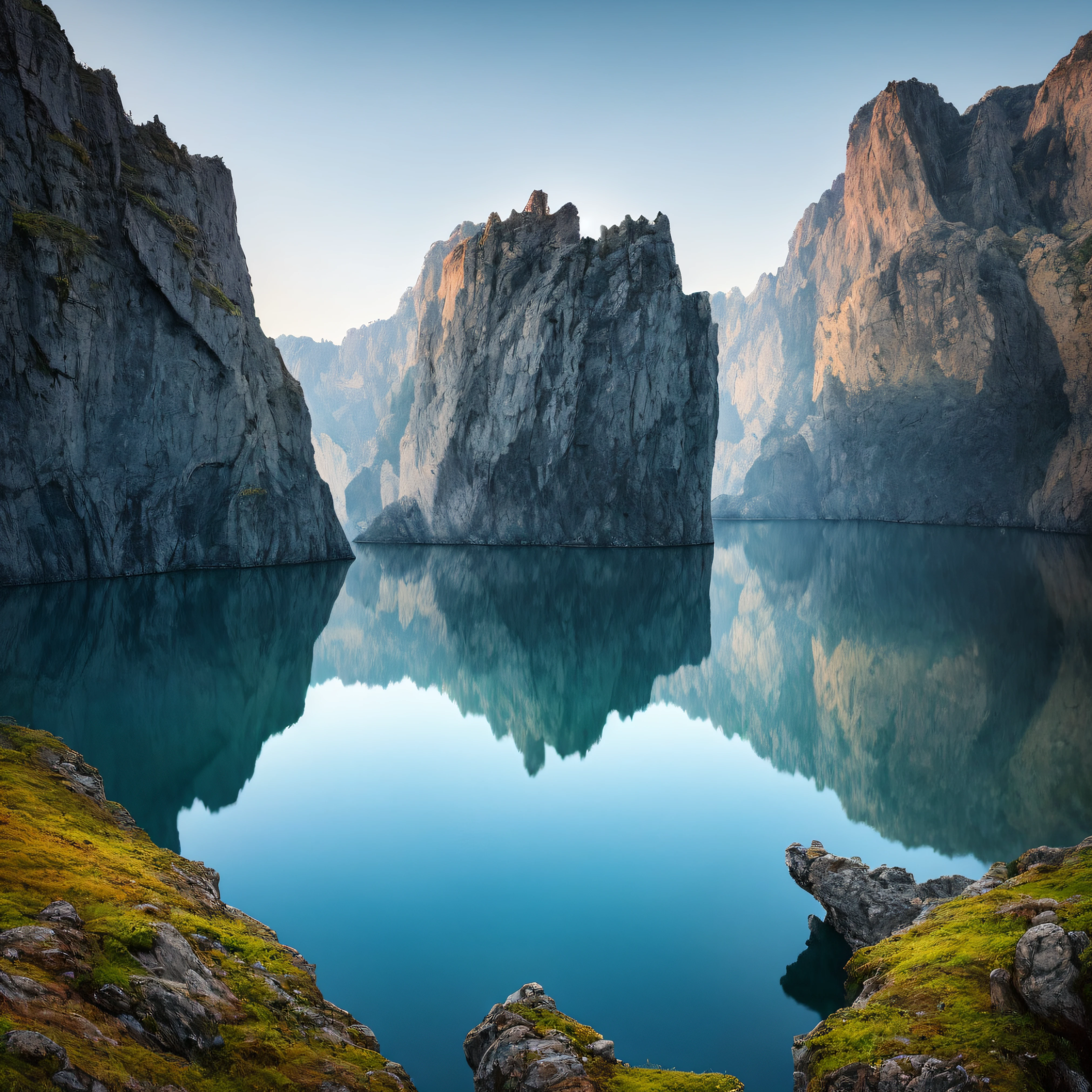 A photography that captures the essence of a magical dream - like world. An epic and legendary cliff that overhangs a beautiful lake, with surreal and vibrant colors illuminating its reflection. The atmosphere is otherworldly, with soft evening light casting ethereal shadows. The image creates a sense of depth and mystery, as if the viewer is being transported to another dimension, creating a beautiful and haunting composition. Shot with a Canon EosIII Zeiss 120mm wide