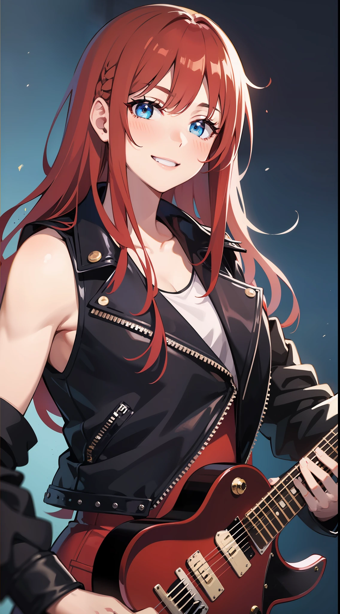 Young guy, Long red hair, Smile, blue eyes, sleeveless leather jacket, electric guitar, Masterpiece, hiquality