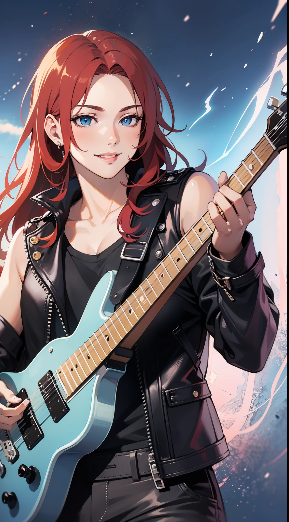 Young guy, Long red hair, Smile, blue eyes, sleeveless leather jacket, electric guitar, Masterpiece, hiquality