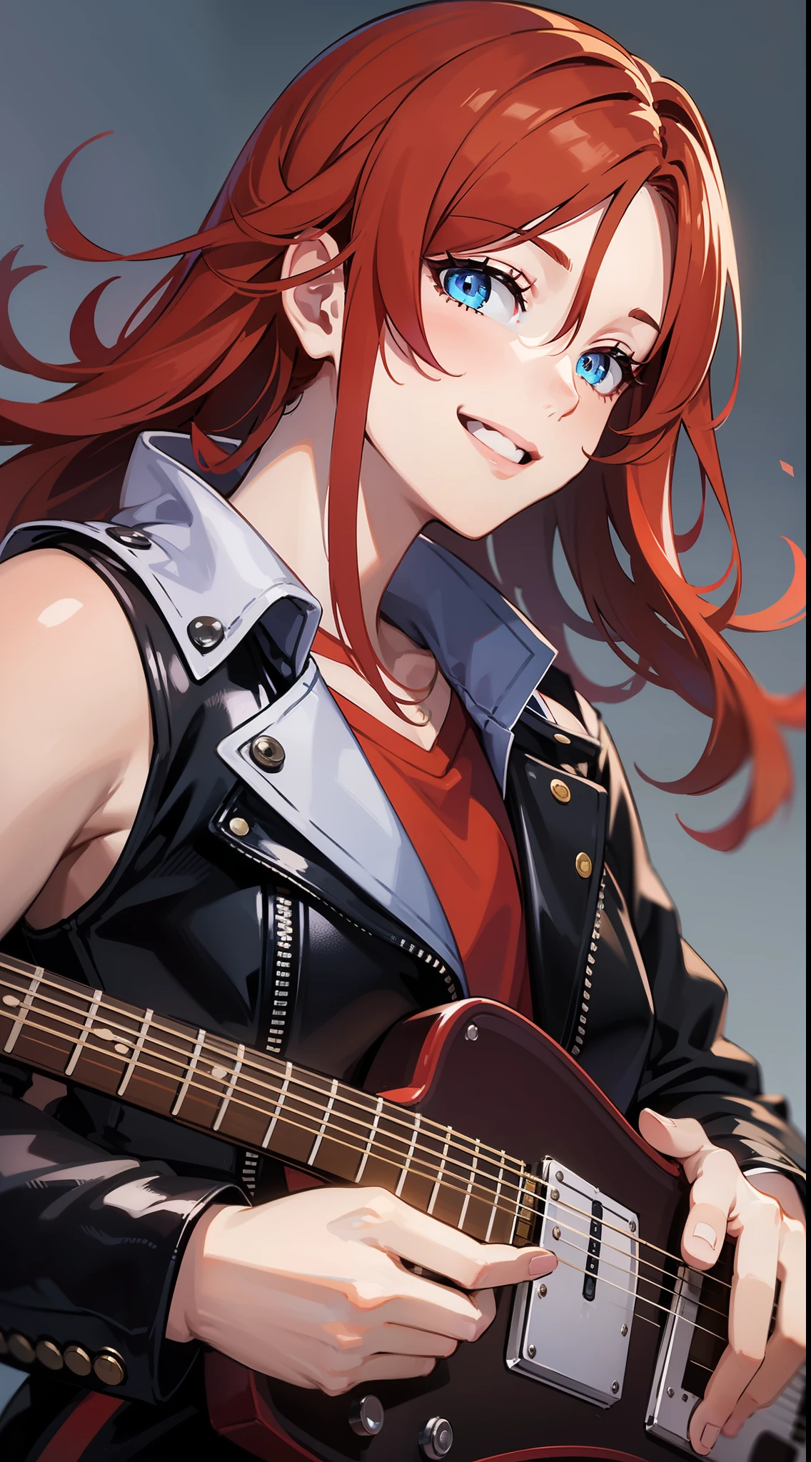 Young guy, Long red hair, Smile, blue eyes, sleeveless leather jacket, electric guitar, Masterpiece, hiquality