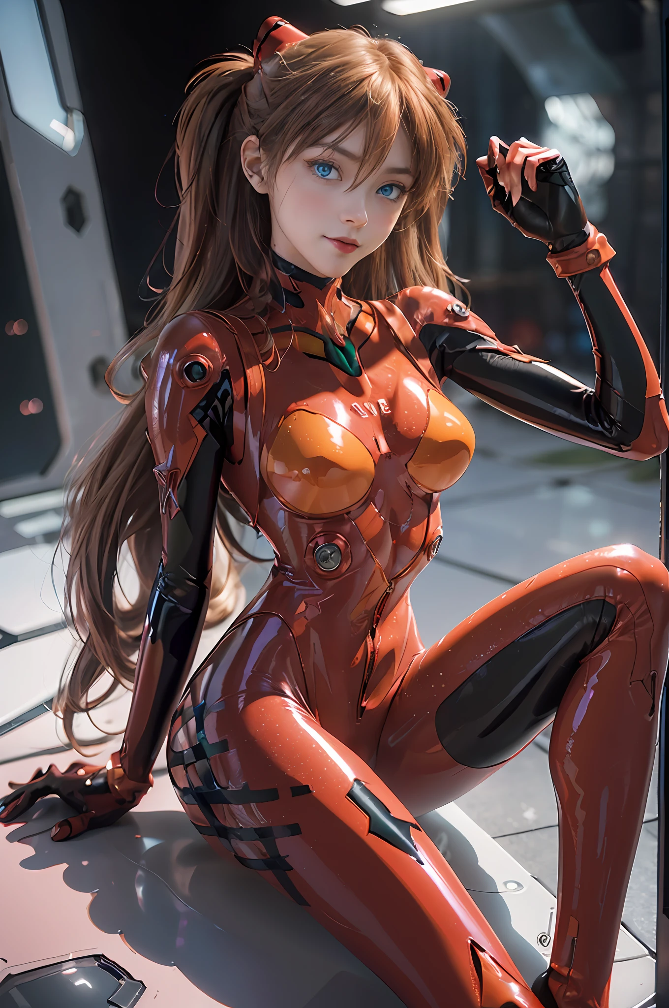 Masterpiece,8k,3D,((Full body),(Realistic),Photography,Best quality,Official Art,(((Female NSFW1.1)),(Arms:1.0,Sting,Legs:1.0),(Perfect proportions:1.1),(1.2 from bottom),Dynamic Angle,((Souryuaska Langley,Souryuaska Langley Plug Suit 02:1.5),( Cyberpunk background: 1.2, narrow and dark sci-fi spaceship cockpit background: 1.1, complex background: 1.6, curved interior background, holographic display panel background: 1.1), 24 years old, vivid coloring: 1.6, (face and eye details: 1.2), detailed face, detail lips, detailed eyes, double eyelids, (beautiful face, beautiful eyes, blue eyes: 1.5)), wet eyes, Thin sharp pale eyebrows, long eyelashes, long lower eyelashes, realistic skin texture,(seductive smile))), (delicate and beautiful fingers)), (tall, small face), thin and muscular, (high-leg swimsuit: 1.3), (see-through: 1.2), shining bodysuit in the mirror, crimson shiny rubber suit, translucent shiny red tight suit, shiny metallic details, shiny red holographic leather, red tight gloves, pointed chest: 1.2, (shiny black tight latex on the inside of the arms)), (black connection under the chest in a precise circle: 1.5)), the black connecting part of the shoulders is a circle), two simple thick black latex rays from the thighs to the buttocks, green part of the shoulder blades, small logo pattern on the chest is 02, long legs, thin waist, thin skin, Self-righteous, arrogant, blush, (shy)), very delicate and beautiful girl, movie lighting, dynamic poses, model poses, beautiful light brown hair, twin tails, movie lighting: 1, DSLR, Fujifilm XT3, sharp focus: 1.2, maximum clarity and sharpness, multi-layer textures, albedo and specular maps, surface shading, accurate simulation of the interaction of light and matter,