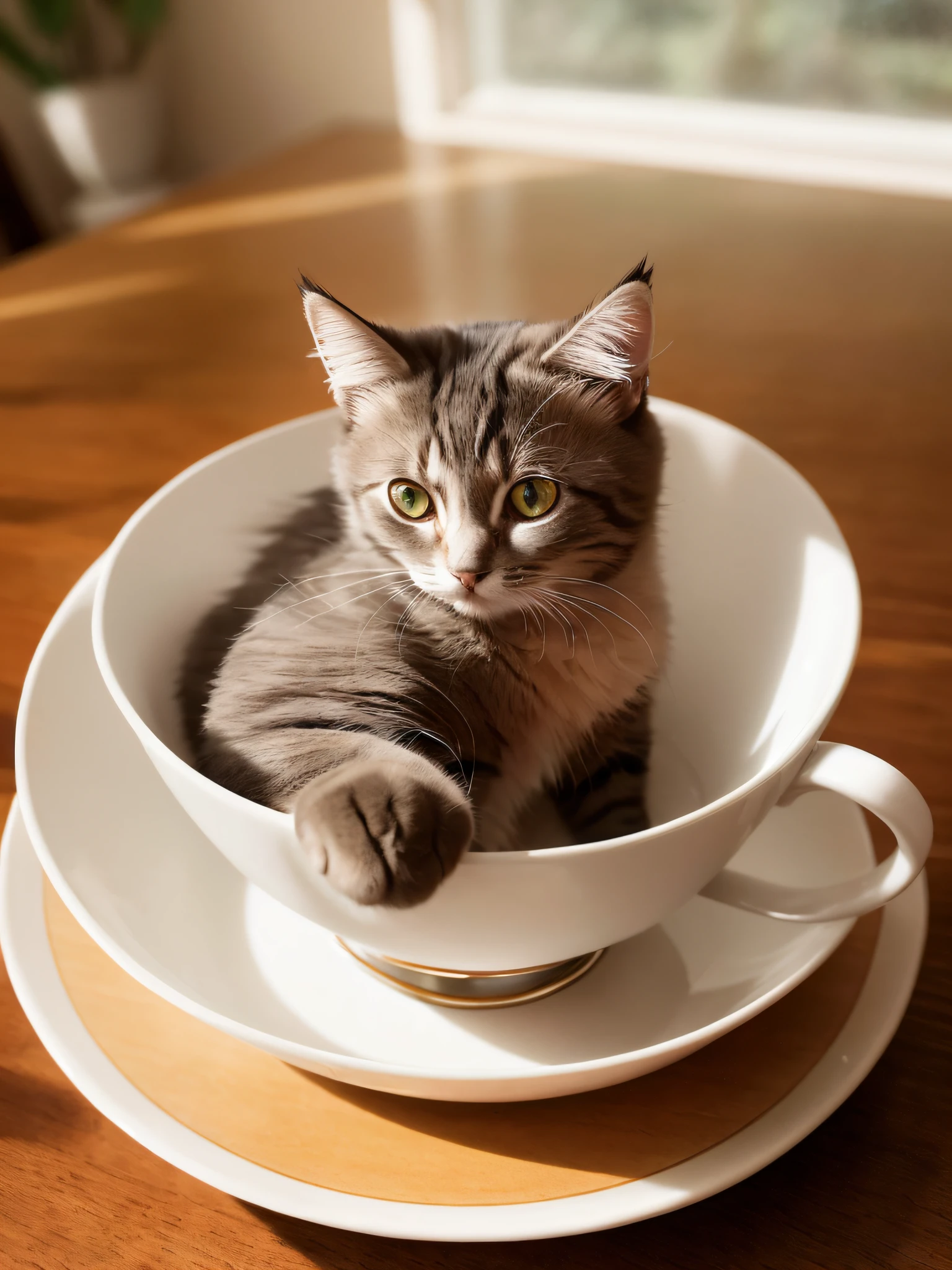 Cat, (Himalayan), (Small)))), in a teacup, Face, Front paws out, 8K, Professional photo, Delicate, Clear, On the table, Inside the house, Sunshine, Light Leak, Masterpiece, ((Pretty))), Fashionable Teacup, (Reality), Plush Toy, Round Pupils