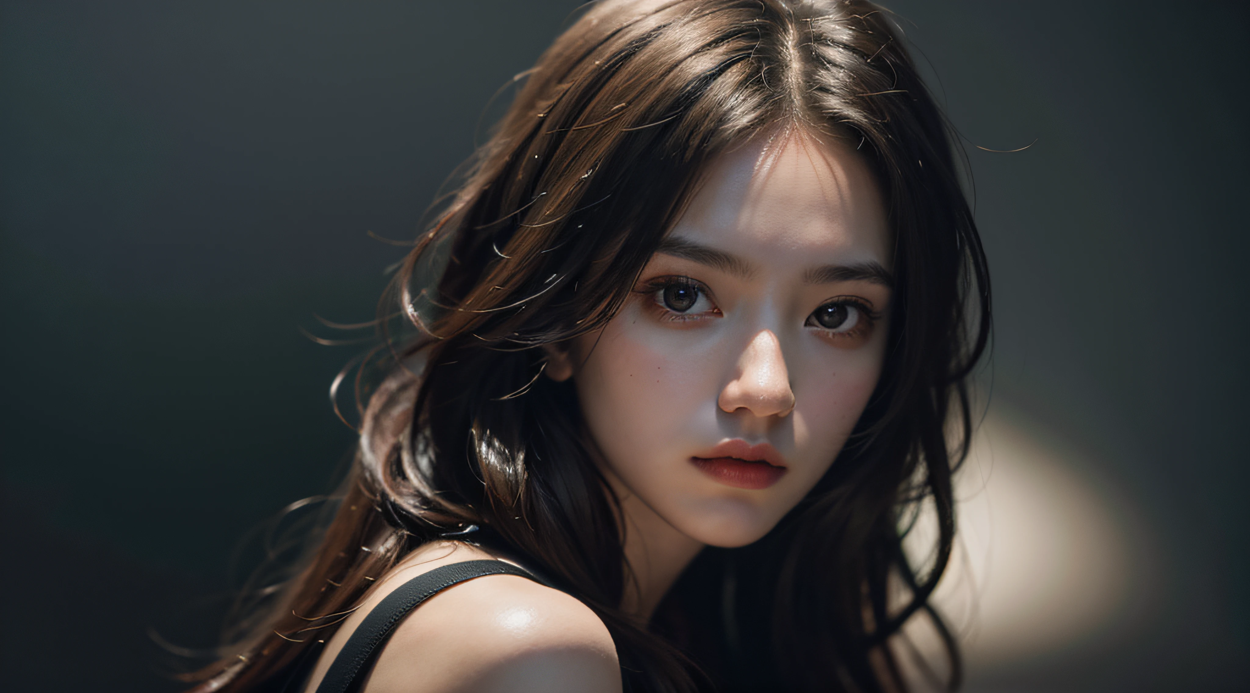 Best quality, masterpiece, ultra high res, (photorealistic:1.4), raw photo, 1girl, offshoulder, in the dark, deep shadow, low key, cold light
