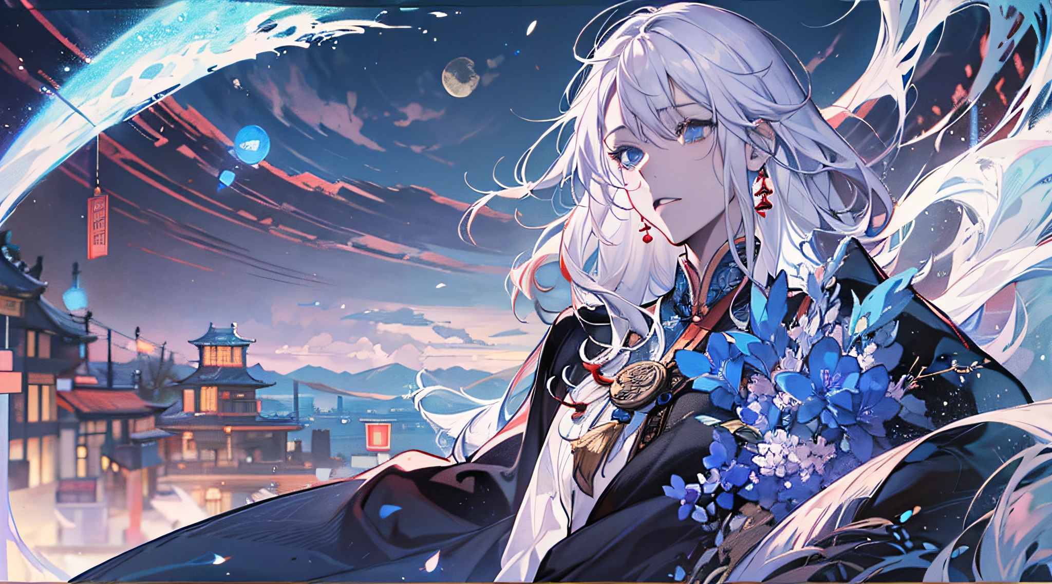 anime man with white hair and blue eyes in water, portrait knights of zodiac man, onmyoji portrait, azure. detailed hair, white haired deity, keqing from genshin impact, crisp clear rpg portrait, detailed digital anime art, astri lohne, onmyoji detailed art, detailed anime character art, genshin impact character, by Yang J, city, black blue shirt, black suite, Portrait, sitting on ground, nature, star, moon, mountain, city