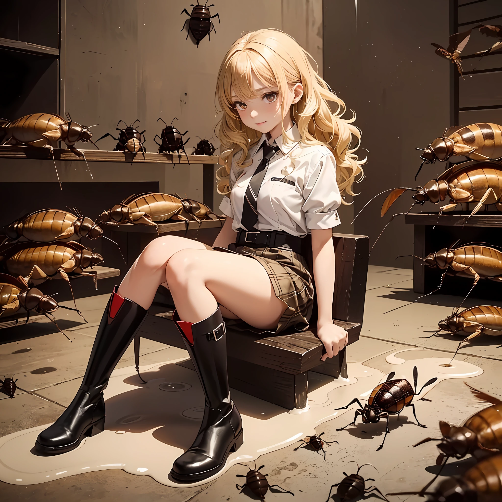 (High-quality depiction+Detailed description)、(rubber riding boots+rubber+get dirty)、(trample+majority+cockroach)、(Small cockroaches+Mass scattering)、(Internal organs of cockroaches+Yellowed liquid+Splashing)、(Beautiful girl stomping+bionde+sulking)、(trample+Small cockroaches)