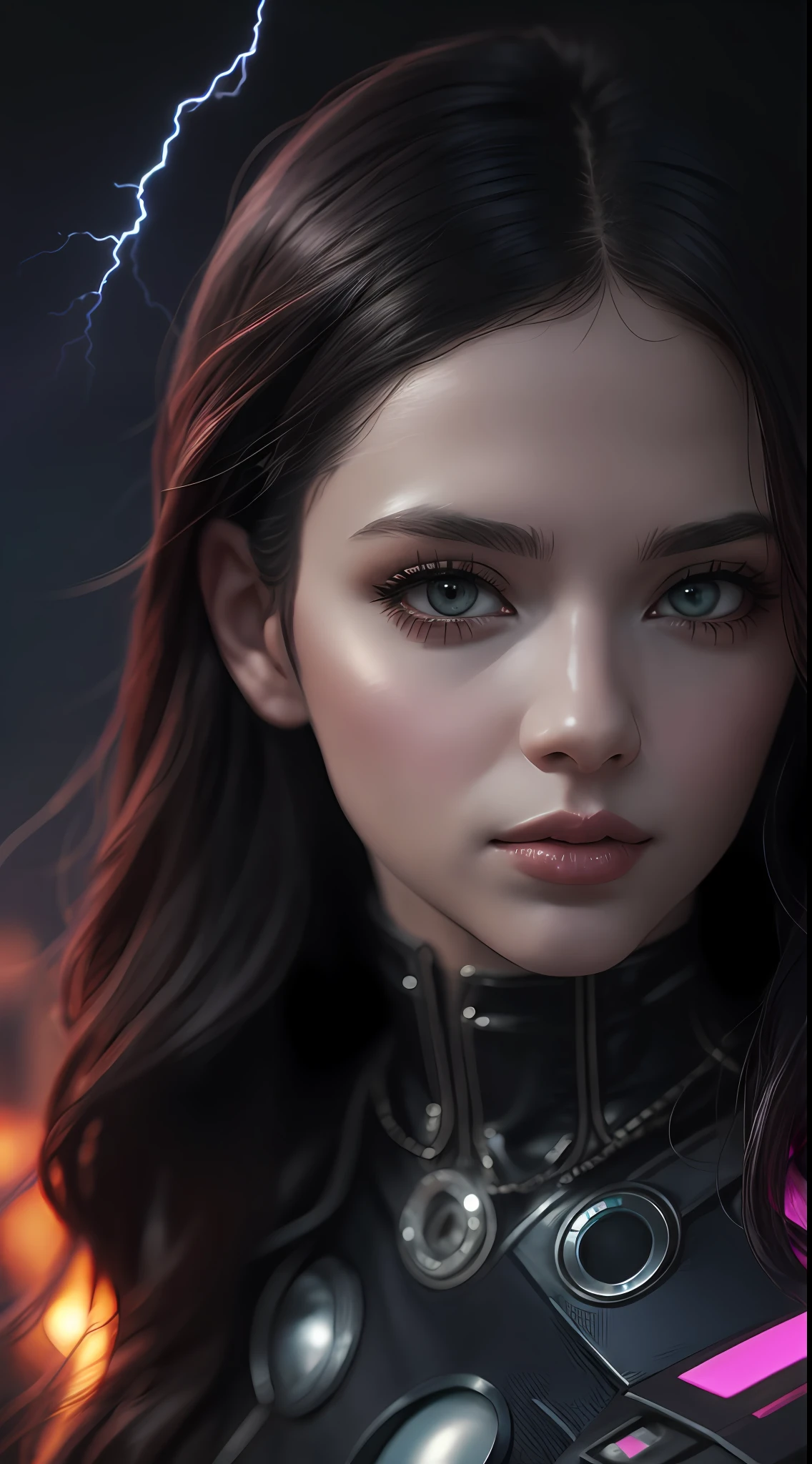 um close up de uma mulher com cabelo roxo e um top preto, desenhado no estilo de Artgerm, Modelo IG | Artgerm, Alena Aenami e Artgerm, splashes of lightning behind her, Ross Tran 8 K, Artgerm extremamente detalhado, menina cyberpunk sonhadora, em estilo de artgerm, Estilo de arte realista