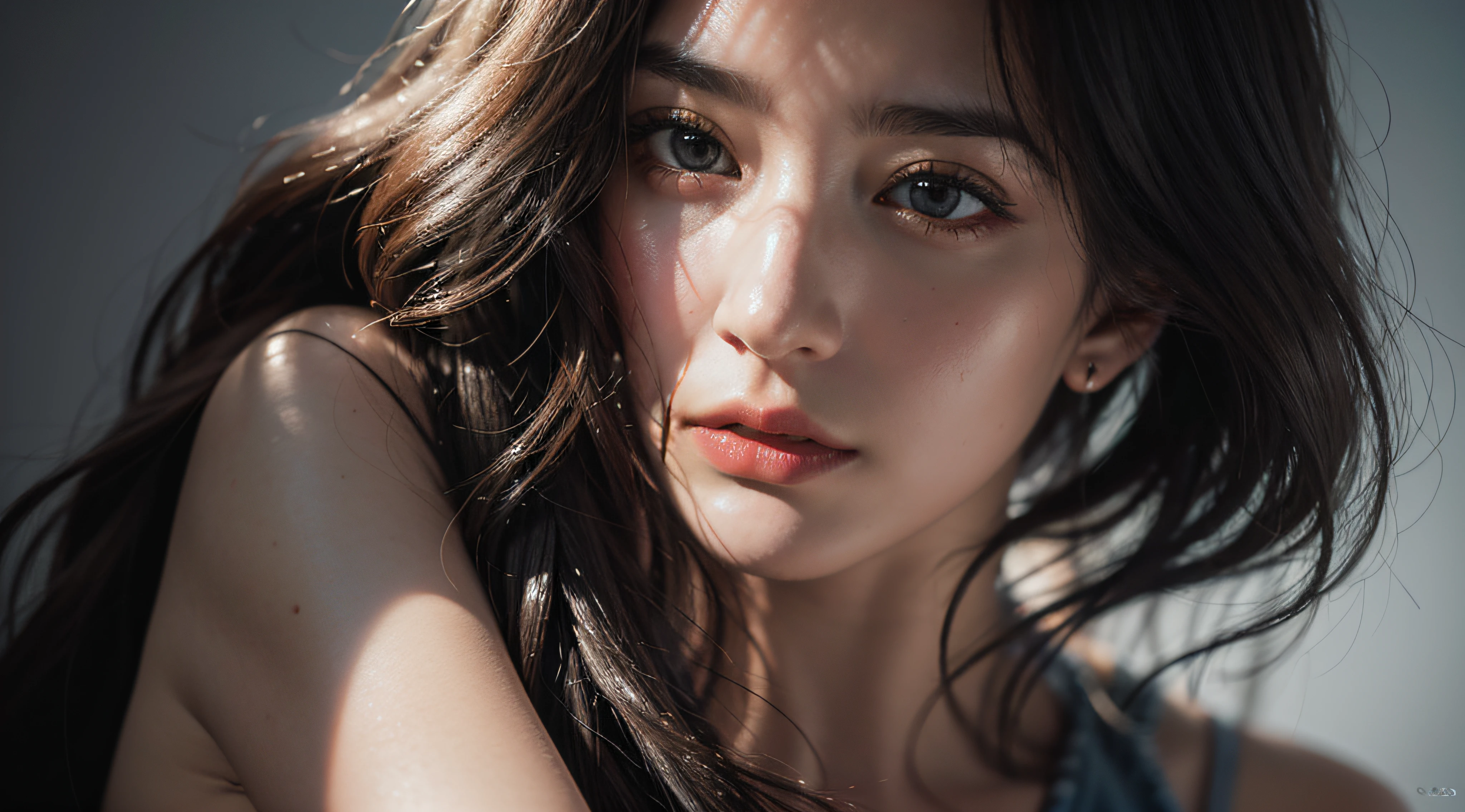 Best quality, masterpiece, ultra high res, (photorealistic:1.4), raw photo, 1girl, offshoulder, in the dark, deep shadow, low key, cold light